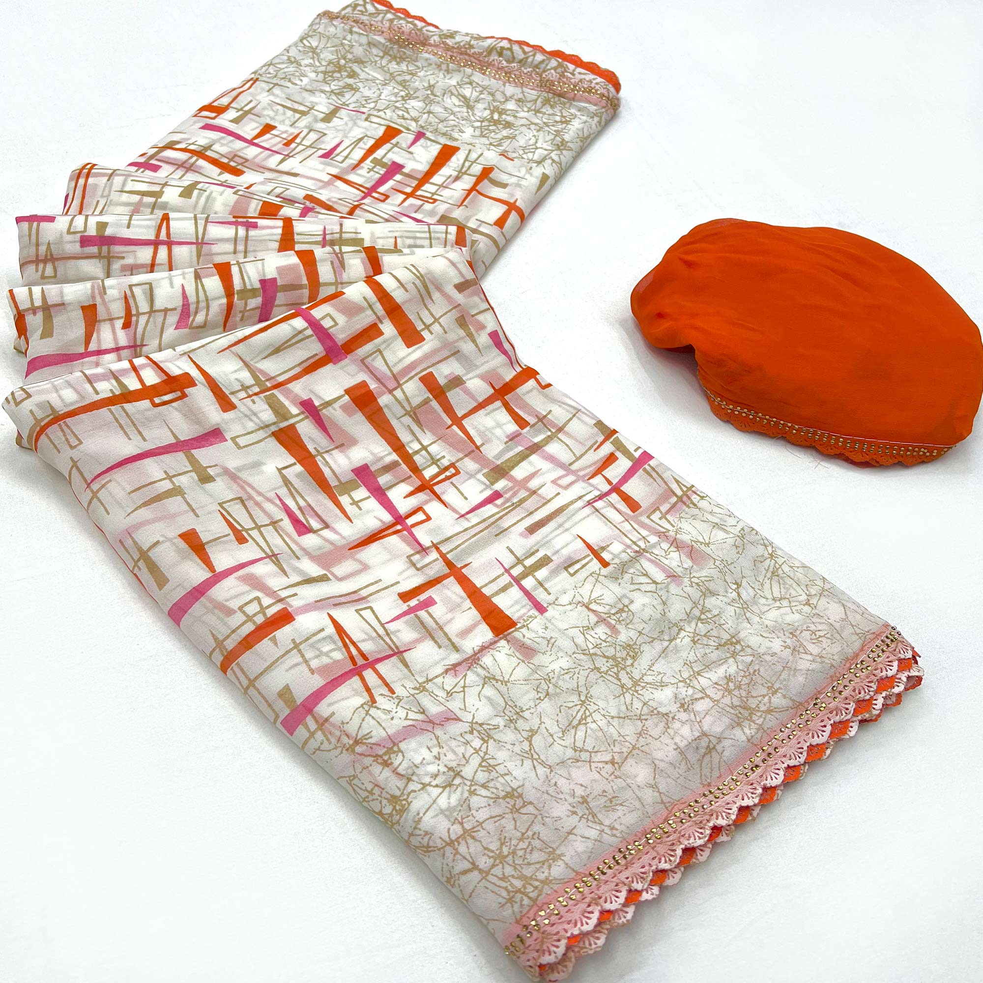 White & Orange Geometric Printed Georgette Saree