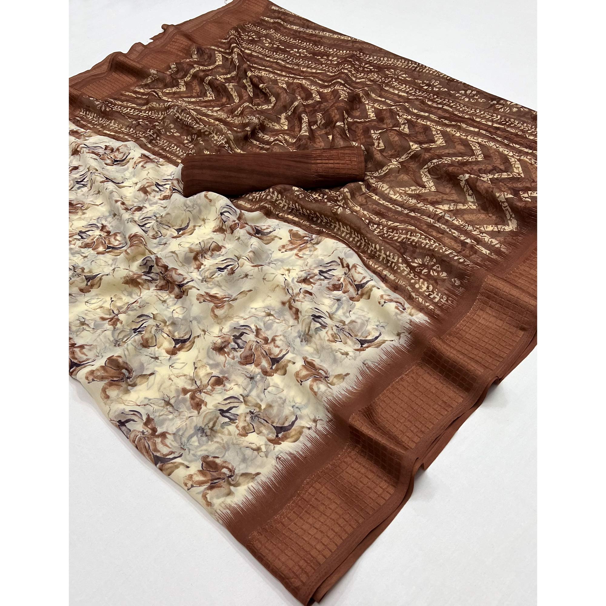 Brown Floral Printed Georgette Saree