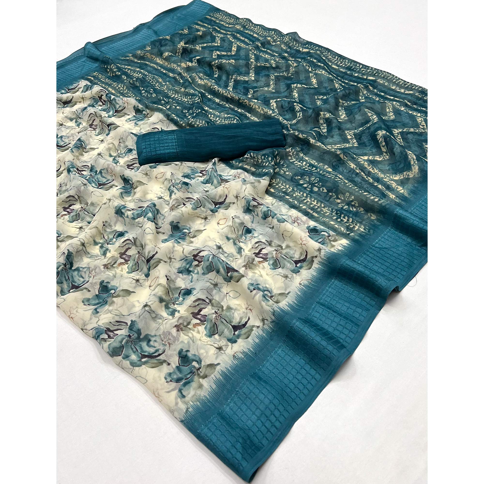 Blue Floral Printed Georgette Saree