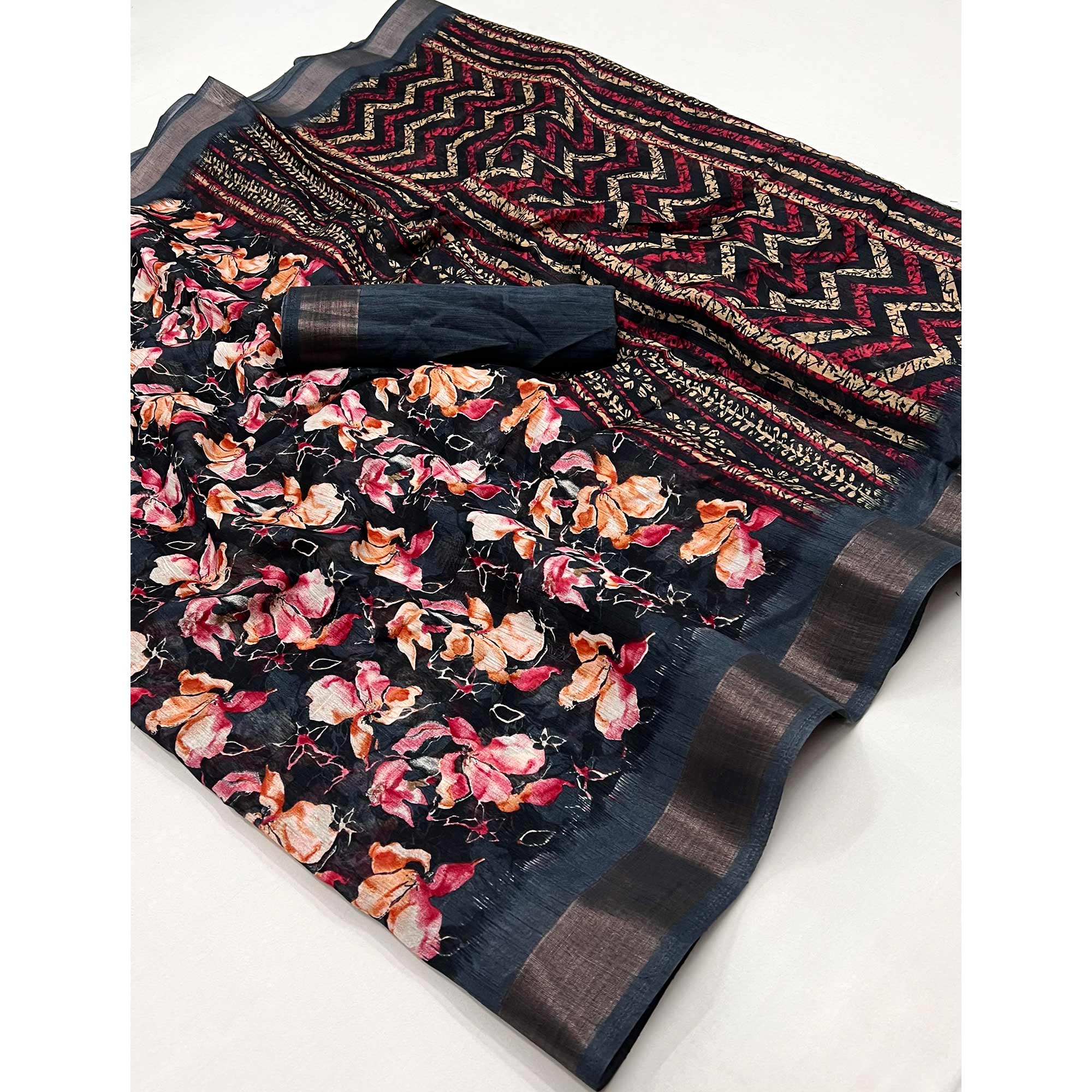 Black Floral Printed Cotton Blend Saree