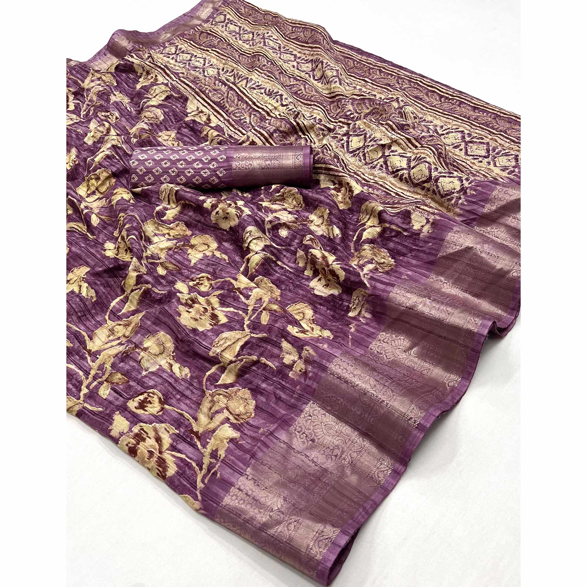 Purple Printed With Woven Border Cotton Blend Saree