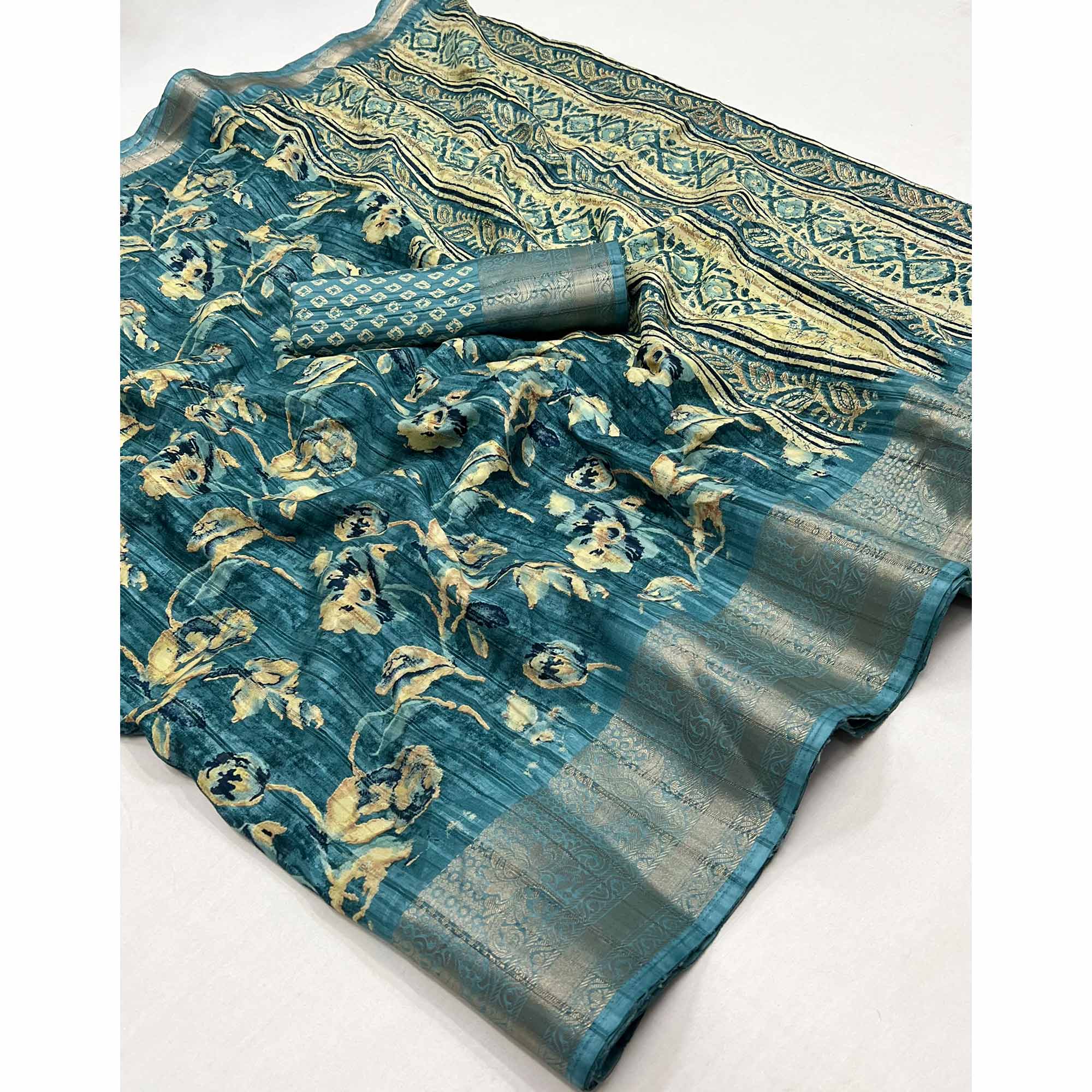 Blue Printed With Woven Border Cotton Blend Saree