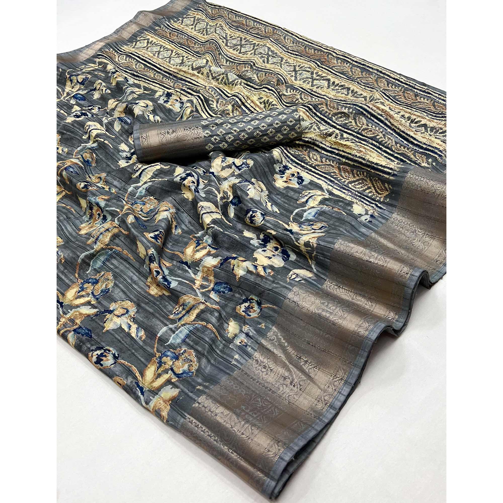 Grey Printed With Woven Border Cotton Blend Saree