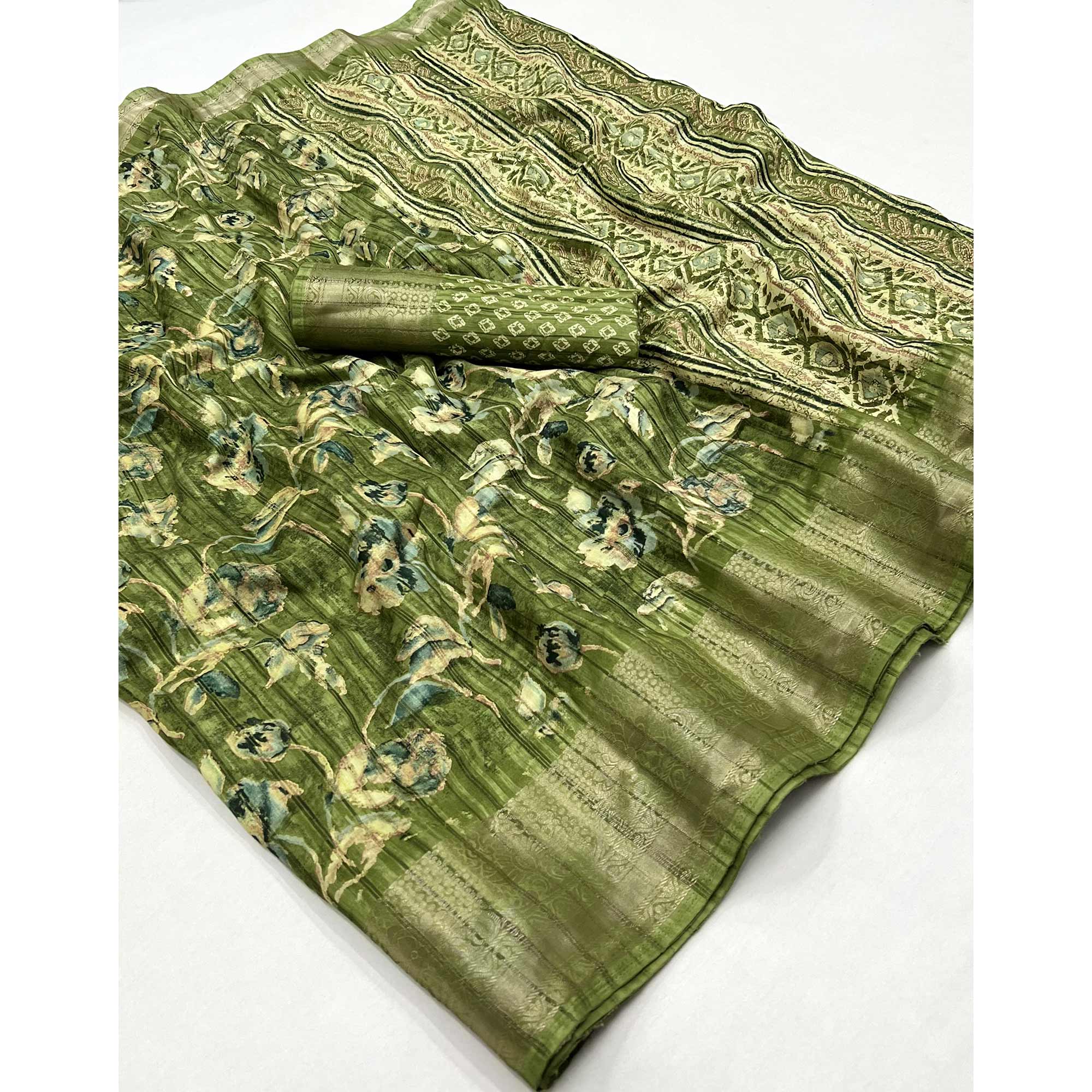 Green Printed With Woven Border Cotton Blend Saree