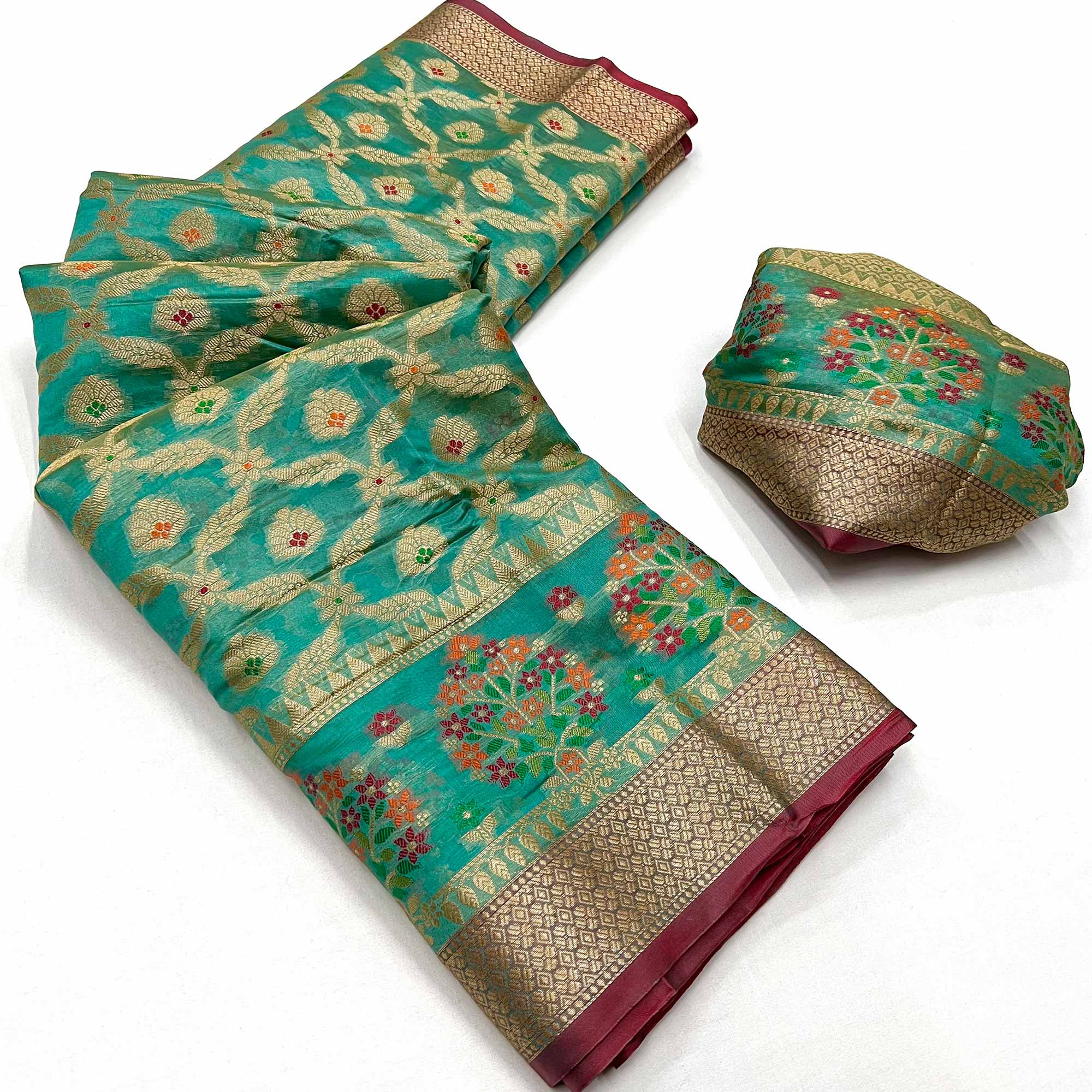 Rama Green Floral Woven Organza Saree