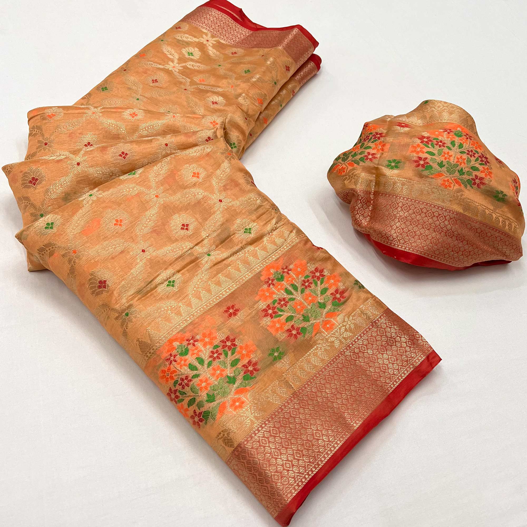 Peach Floral Woven Organza Saree