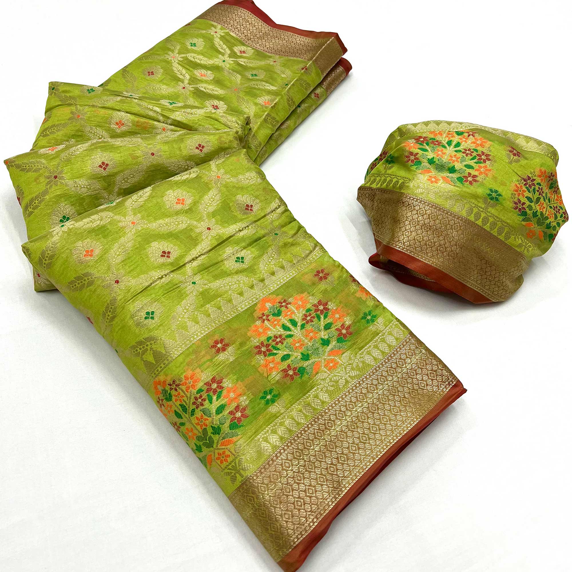 Green Floral Woven Organza Saree