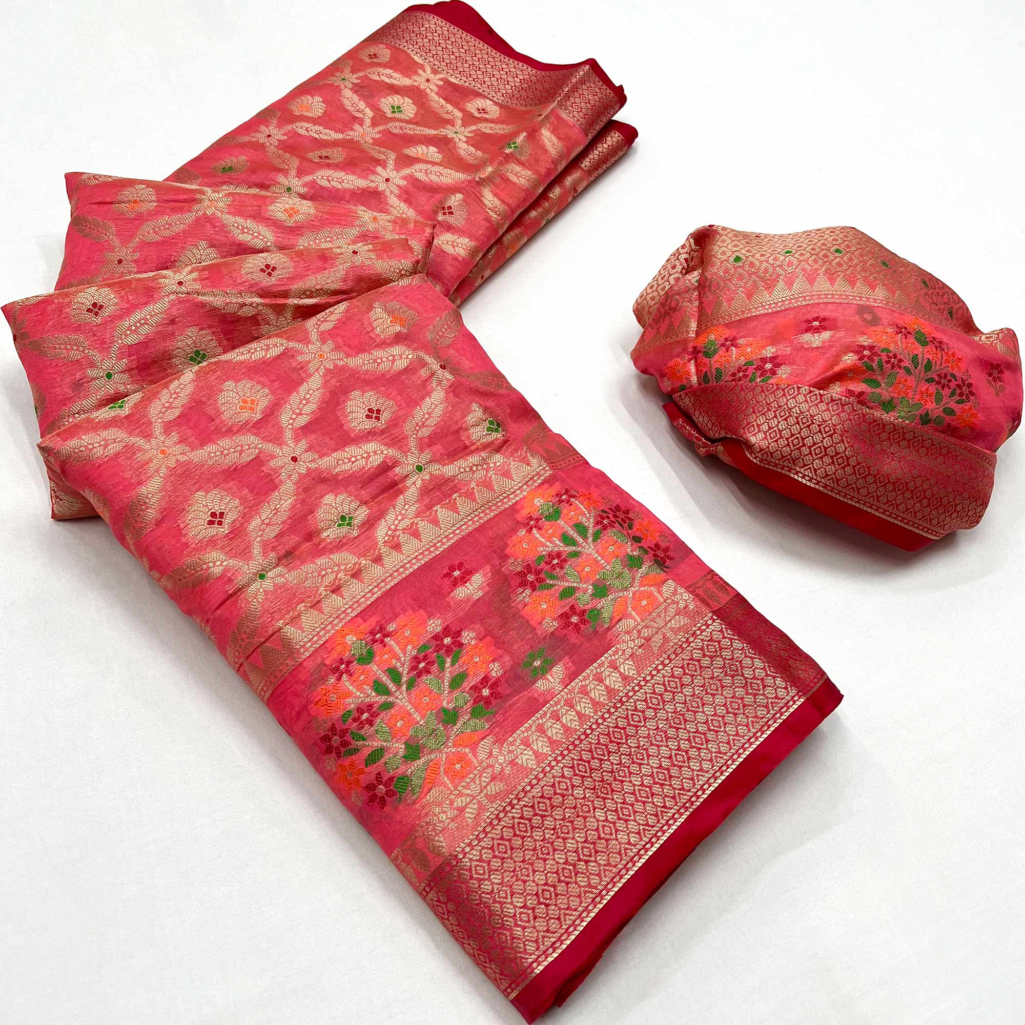 Pink Floral Woven Organza Saree