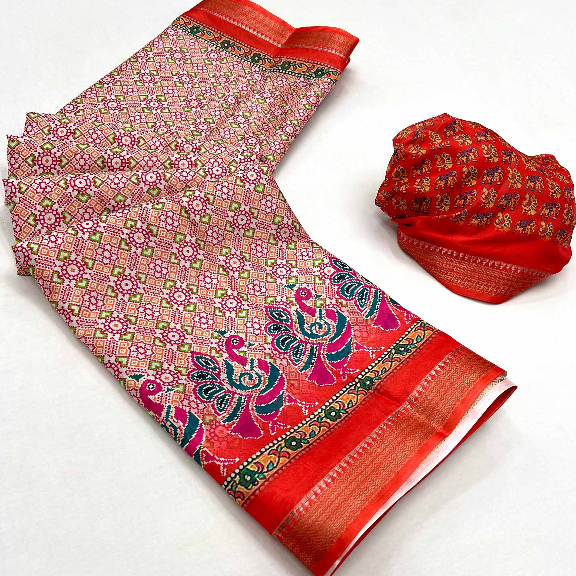 Red Digital Printed Dola Silk Saree