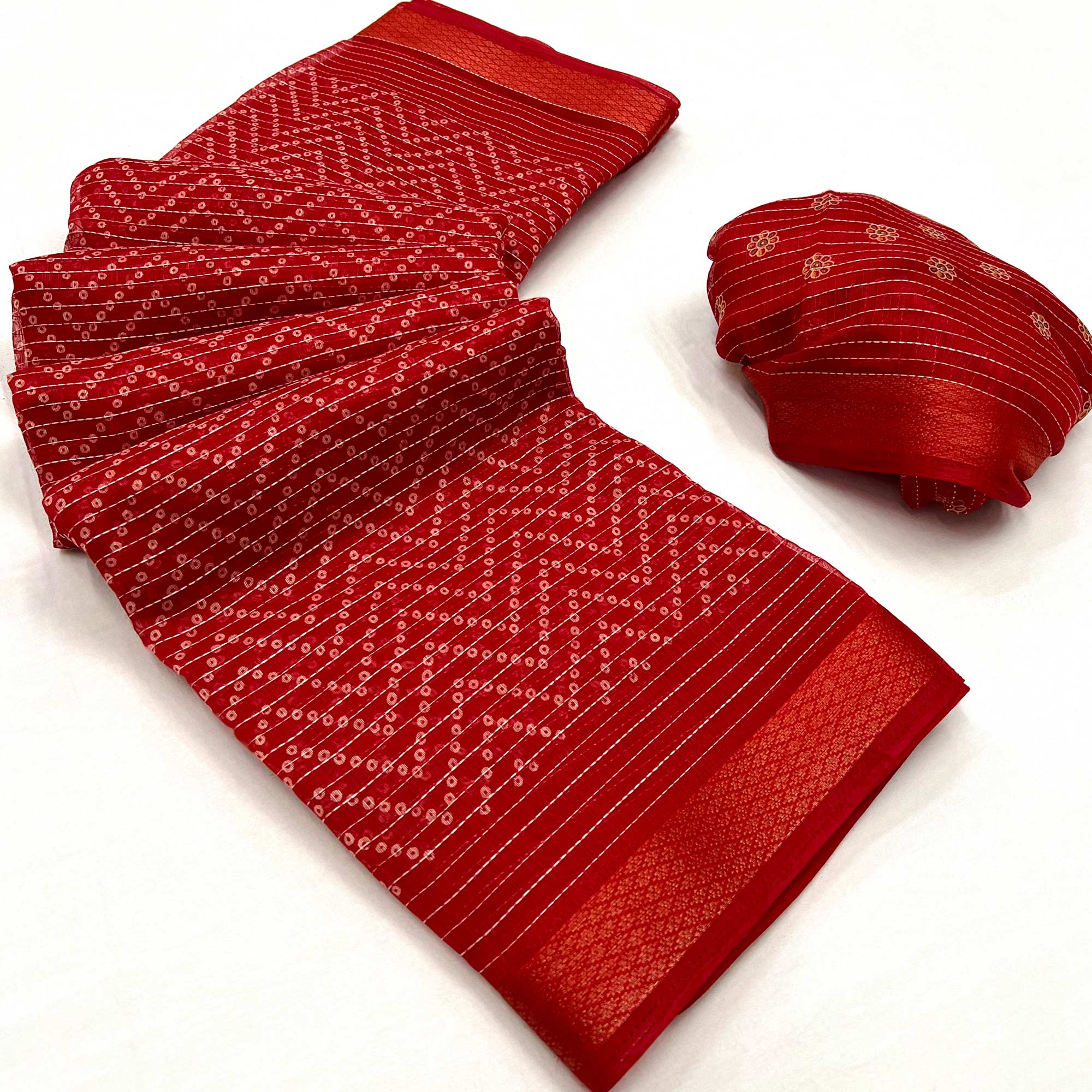 Red Bandhani Printed Linen Saree
