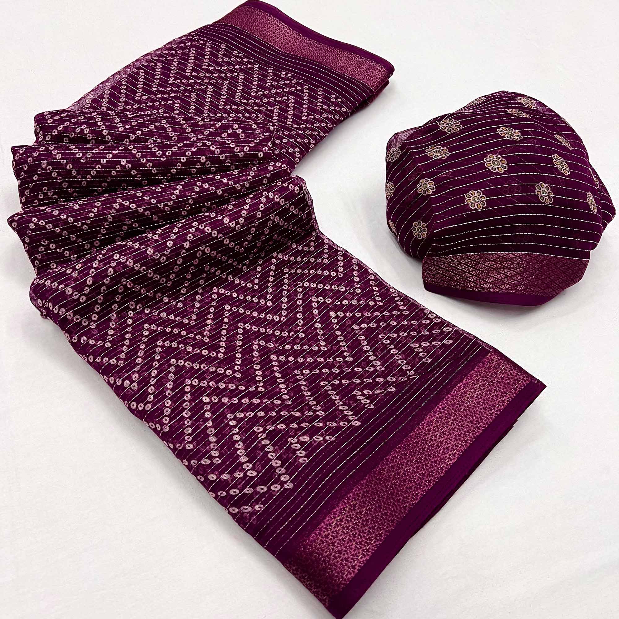 Purple Bandhani Printed Linen Saree