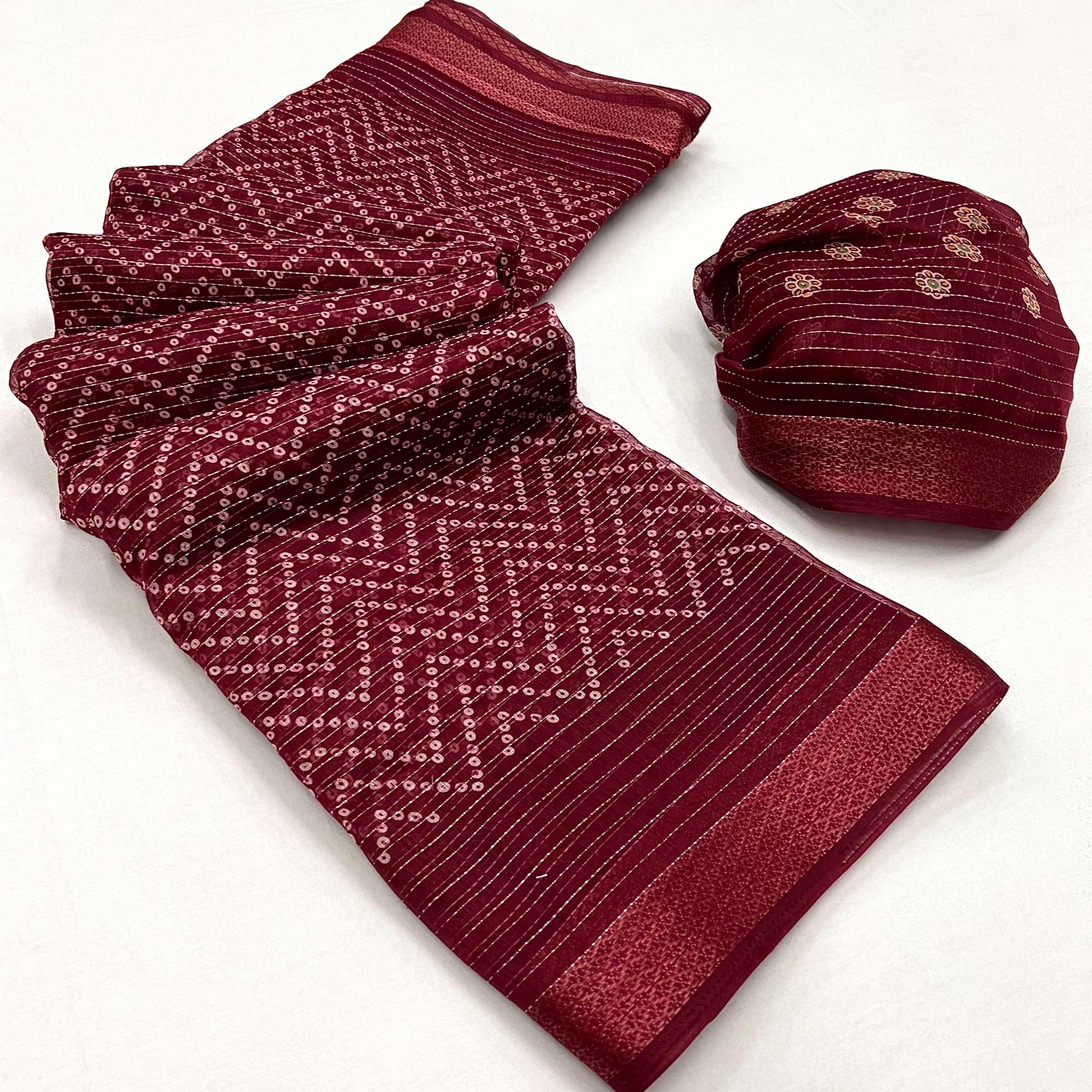 Maroon Bandhani Printed Linen Saree