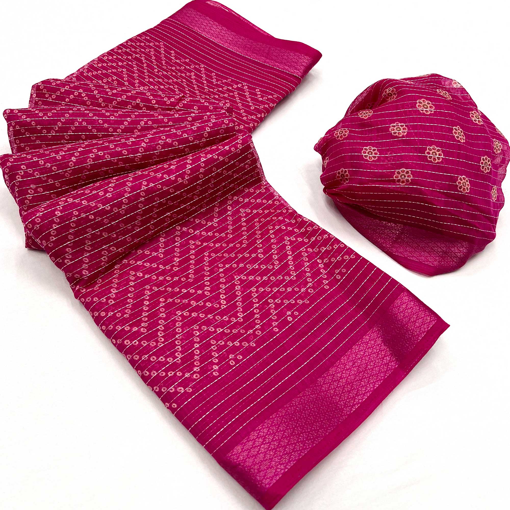 Rani Pink Bandhani Printed Linen Saree