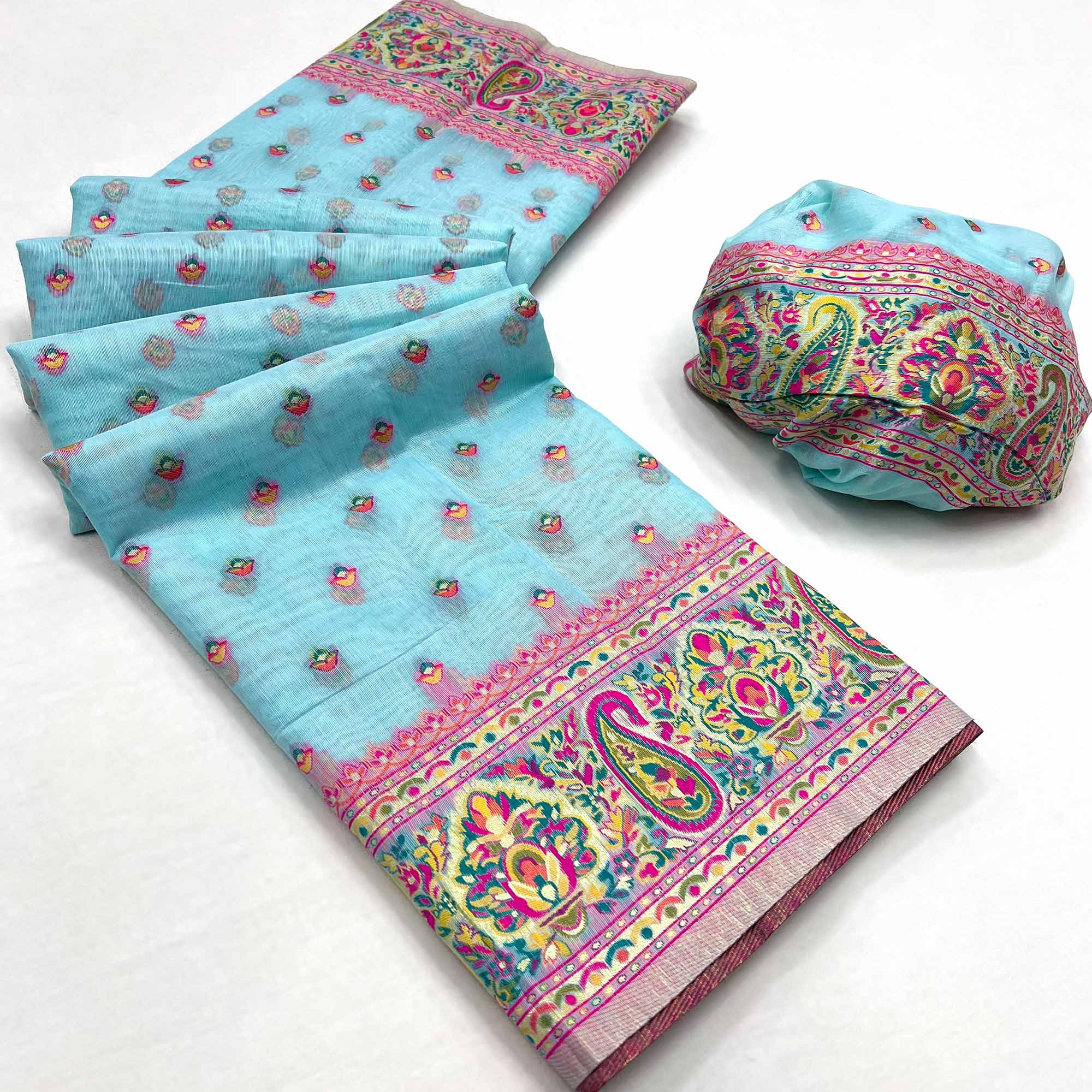 Sky Blue Floral Woven Pashmina Saree