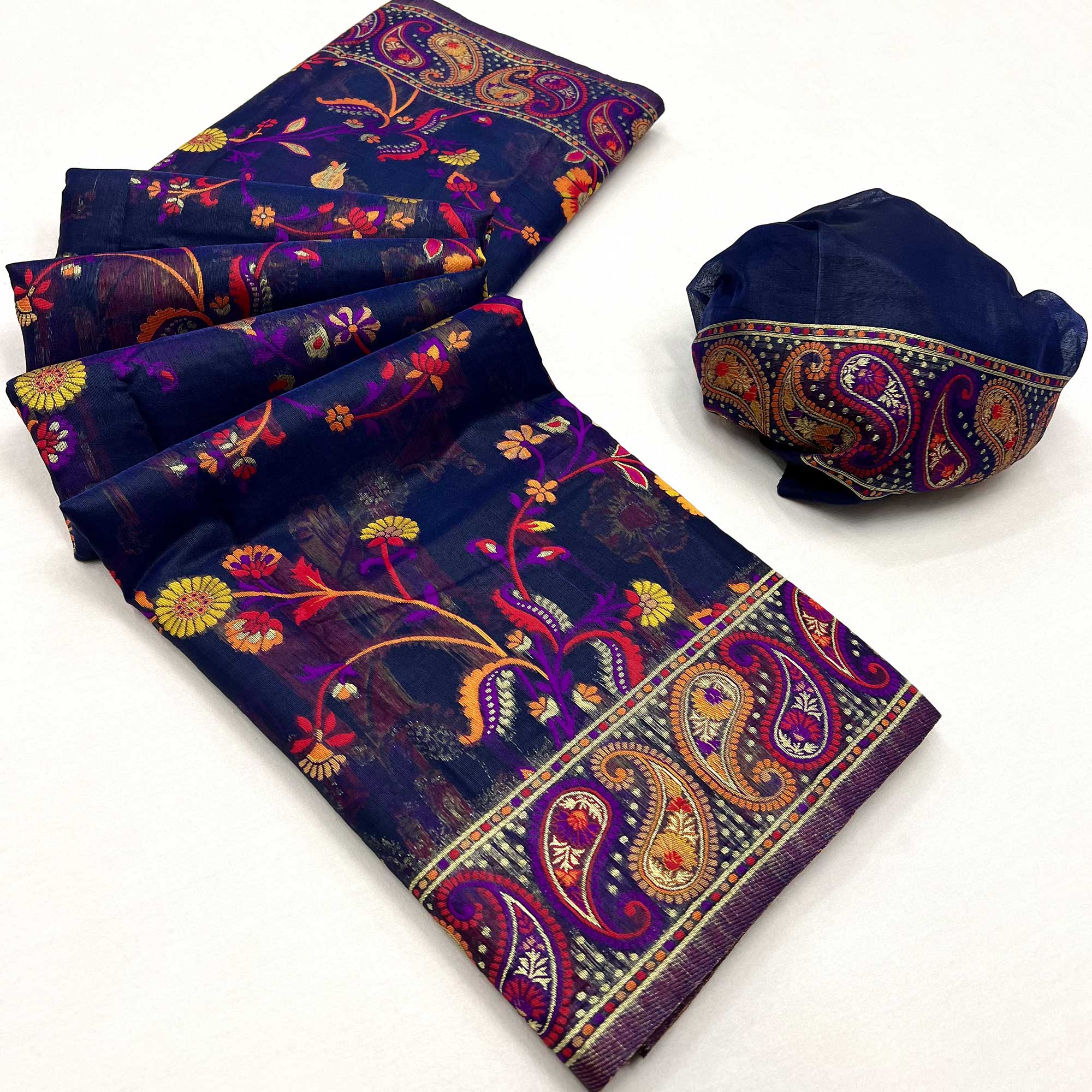 Navy Blue Floral Woven Pashmina Saree