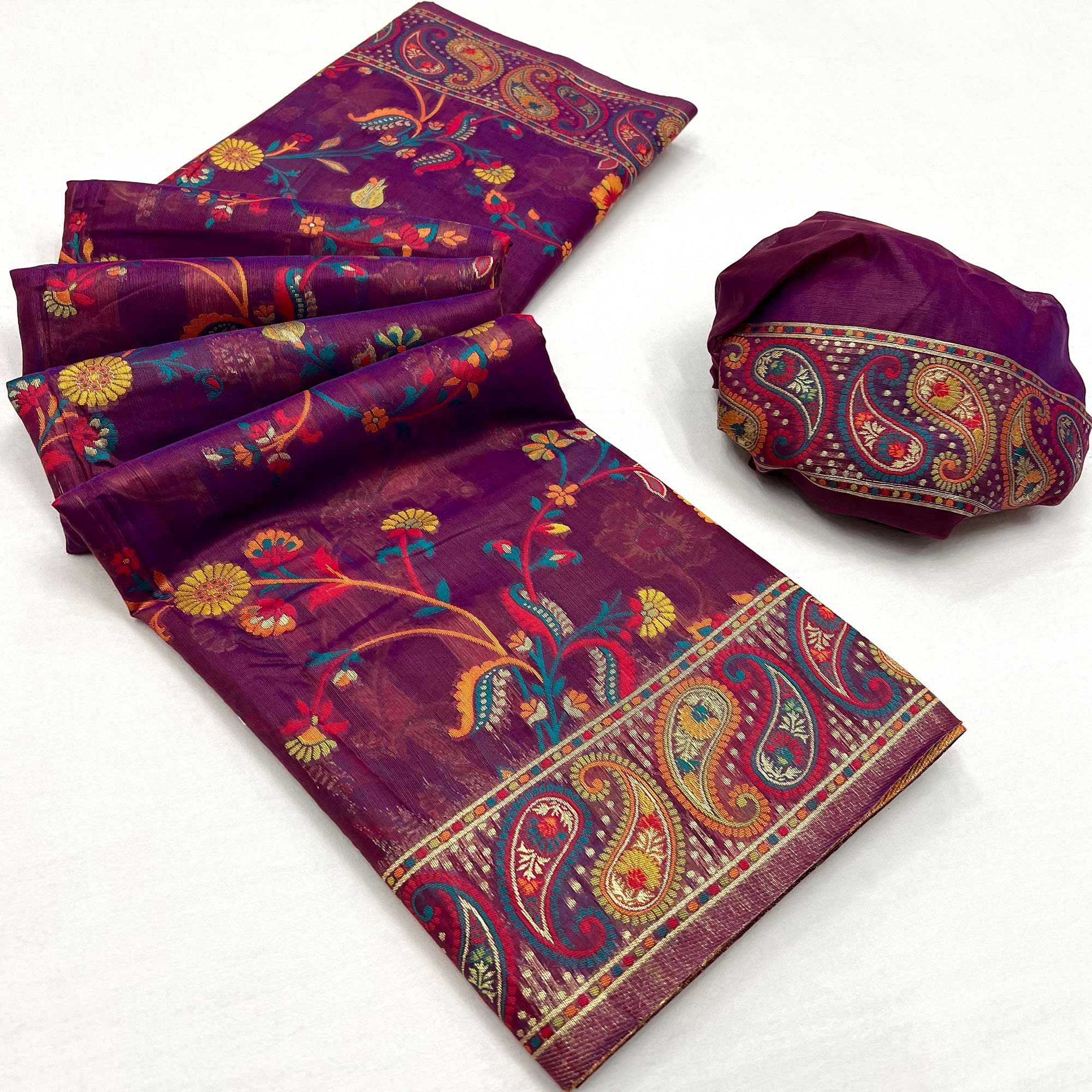 Purple Floral Woven Pashmina Saree