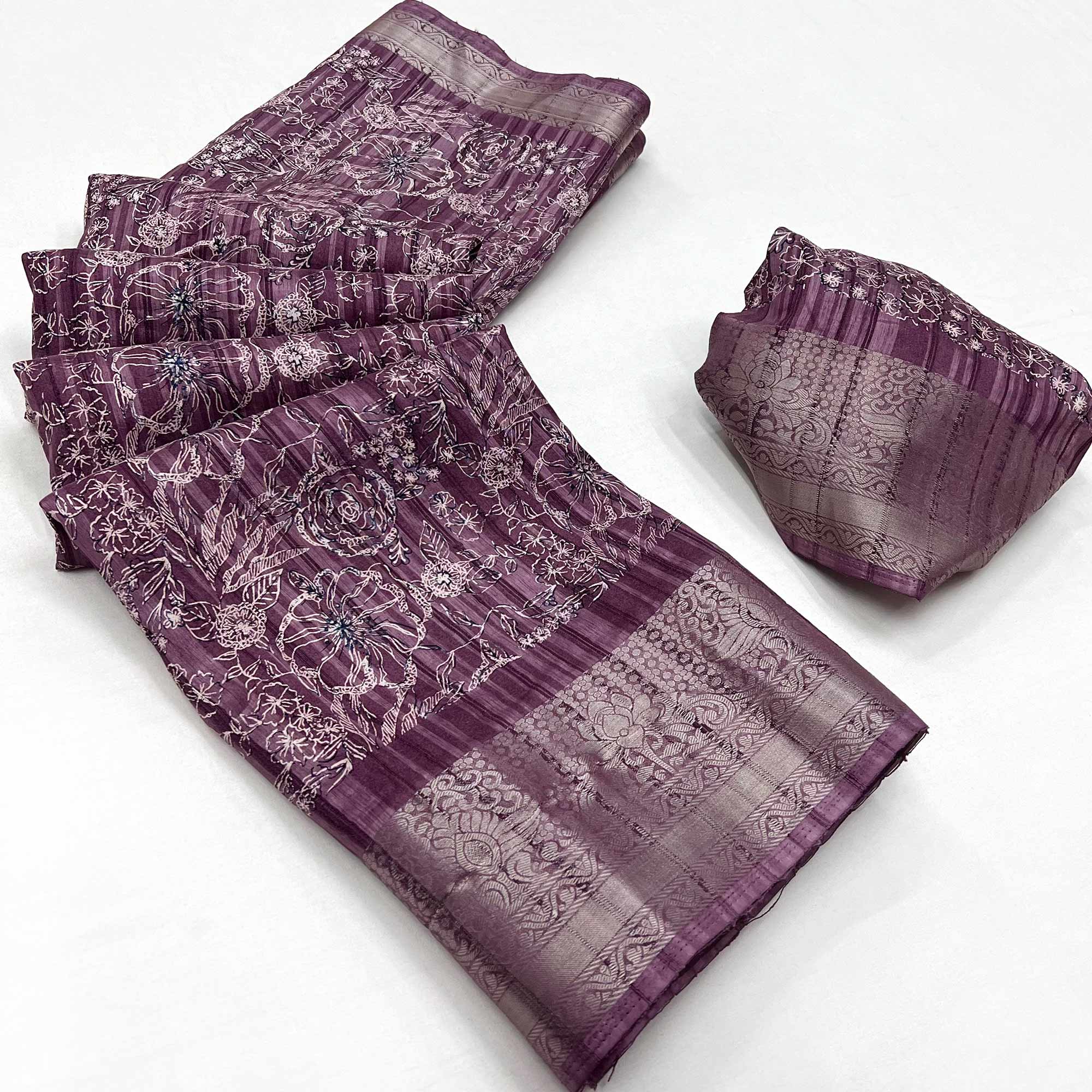 Wine Floral Printed Cotton Blend Saree