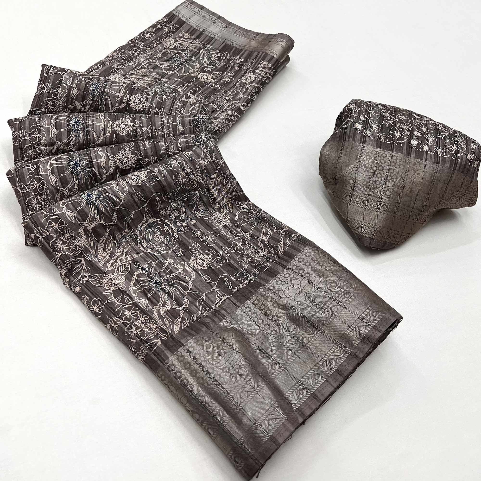 Grey Floral Printed Cotton Blend Saree