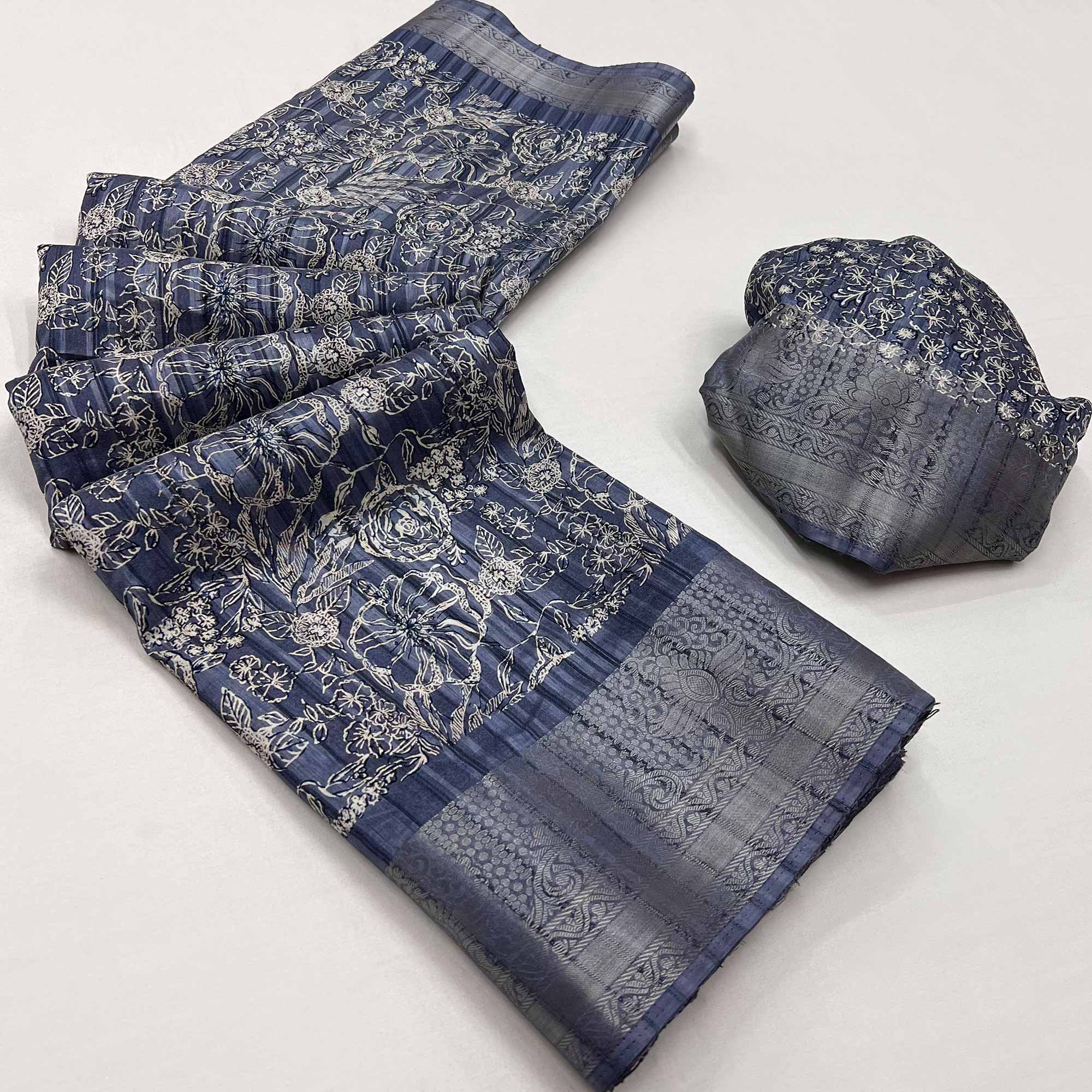 Blue Floral Printed Cotton Blend Saree