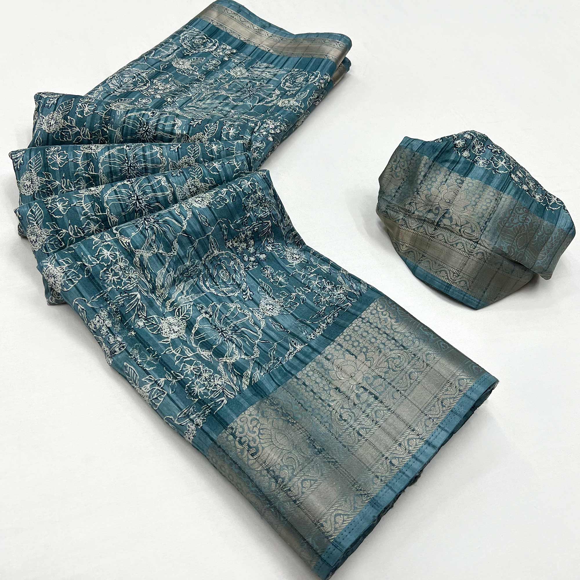Teal Floral Printed Cotton Blend Saree