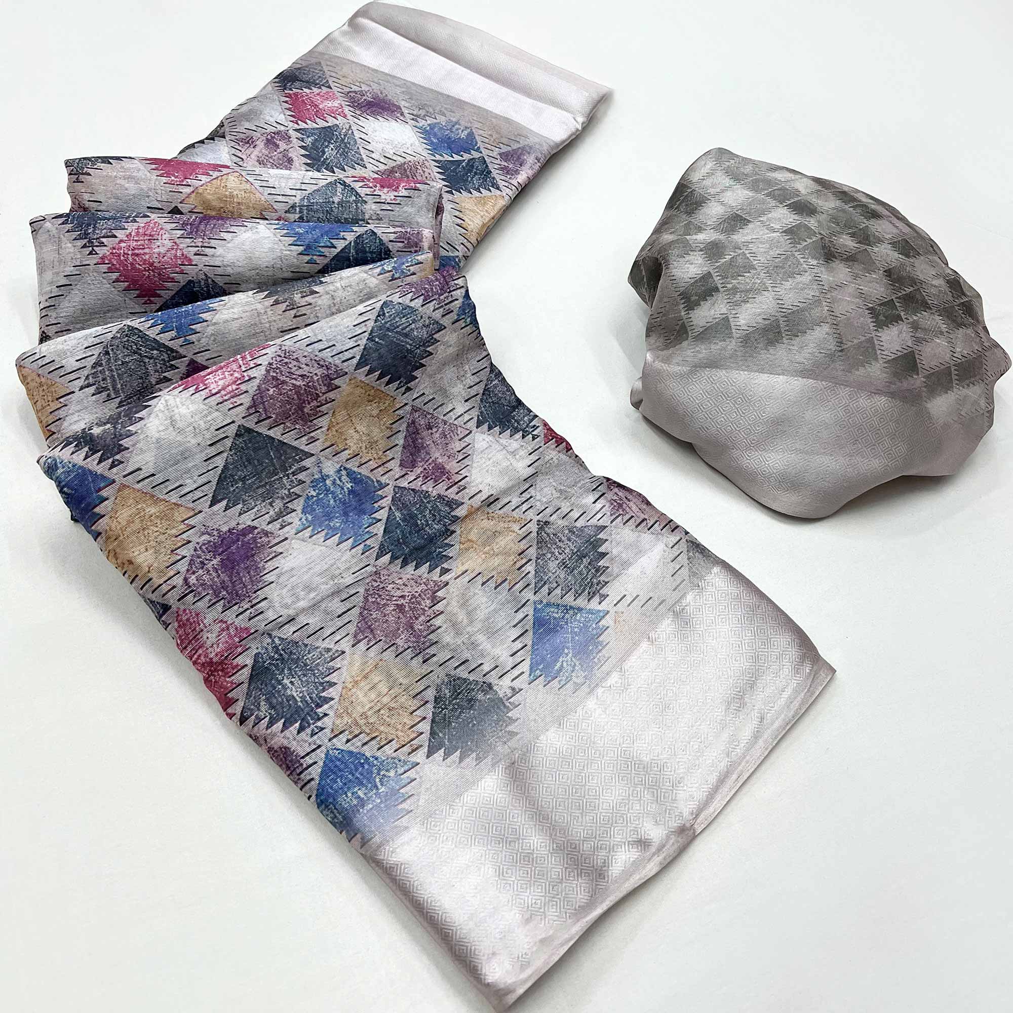 Grey Digital Printed Cotton Blend Saree