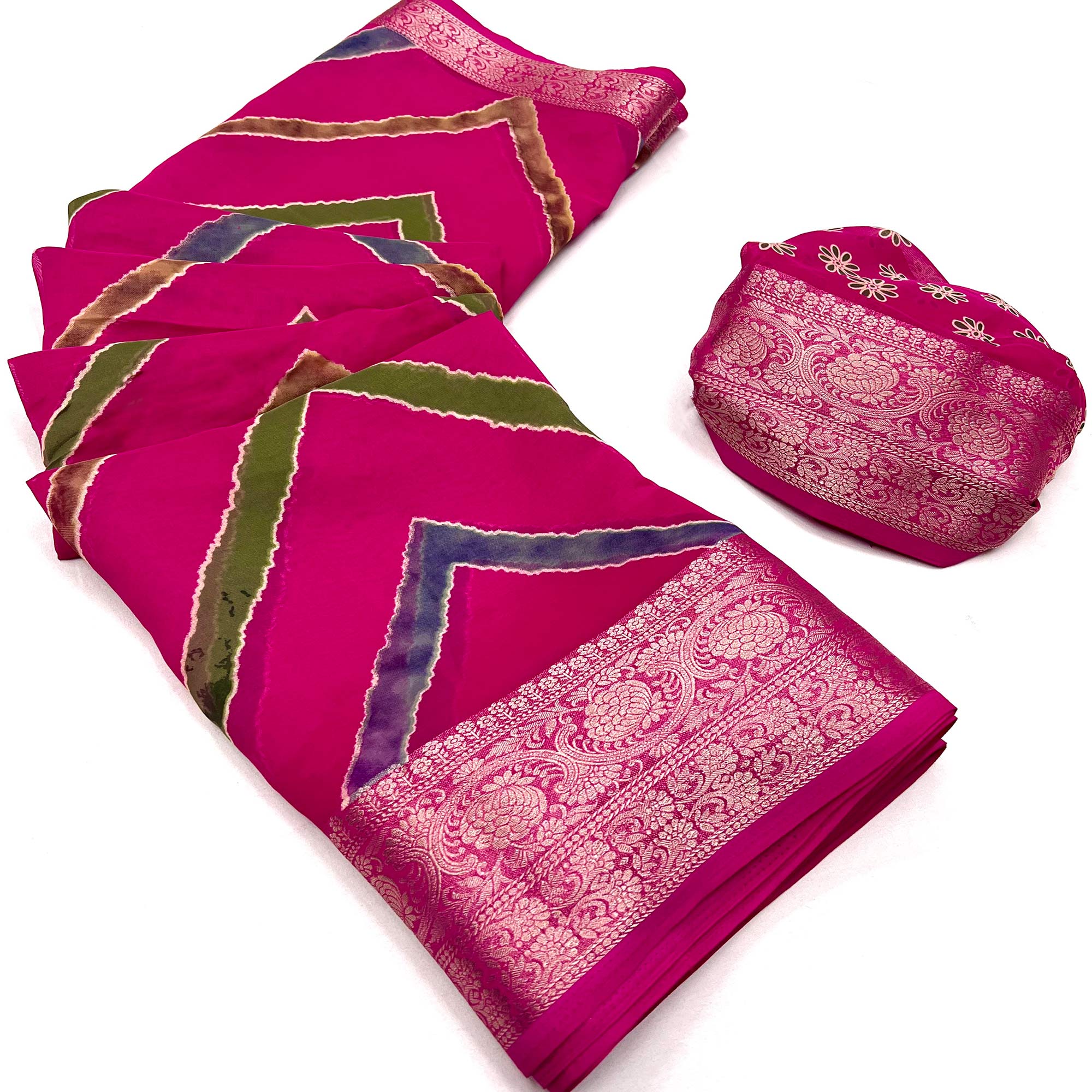 Rani Pink Printed Georgette Saree Woven Border