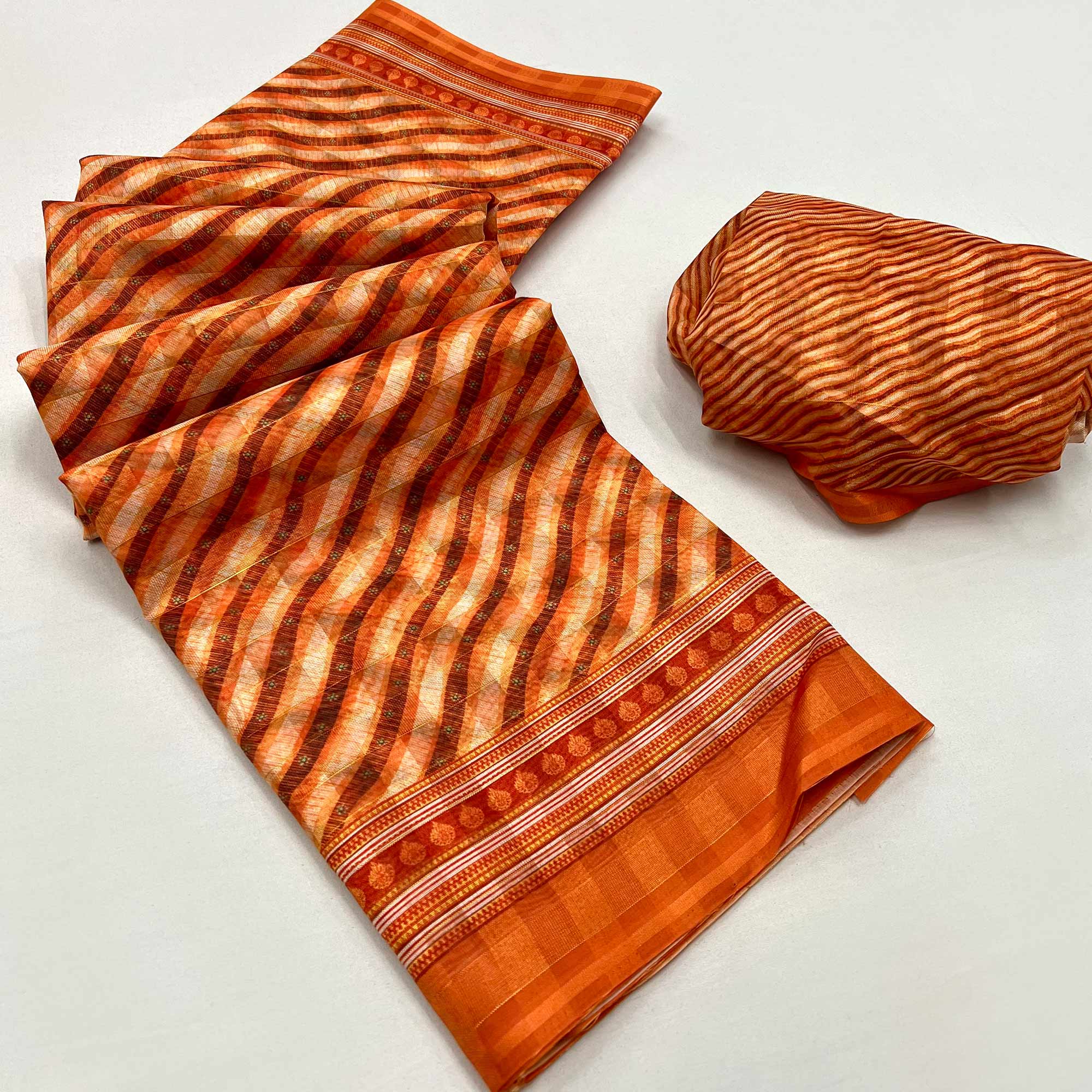 Orange Digital Printed Cotton Blend Saree With Fancy Border