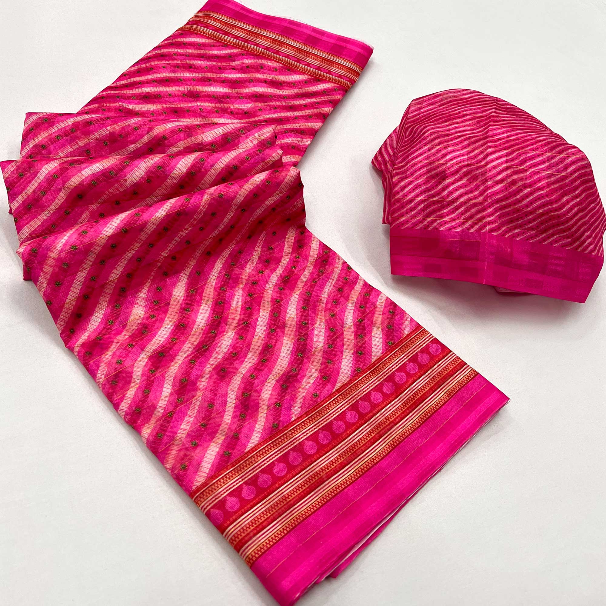 Rani Pink Digital Printed Cotton Blend Saree With Fancy Border