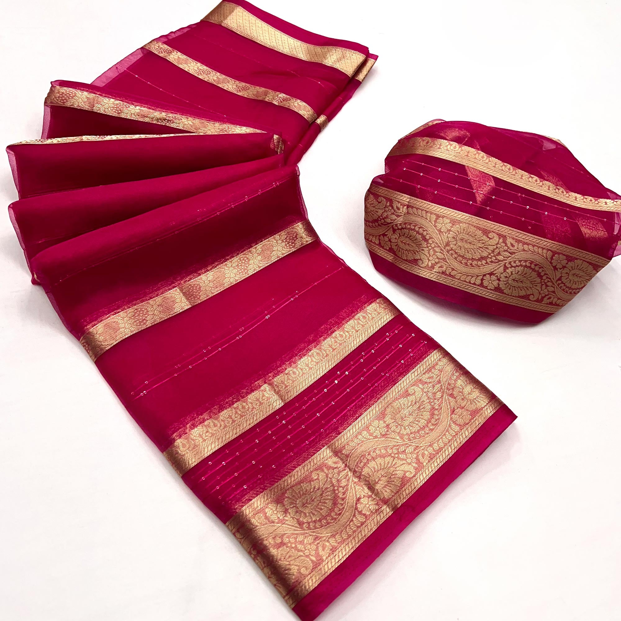 Rani Pink Woven Organza Saree