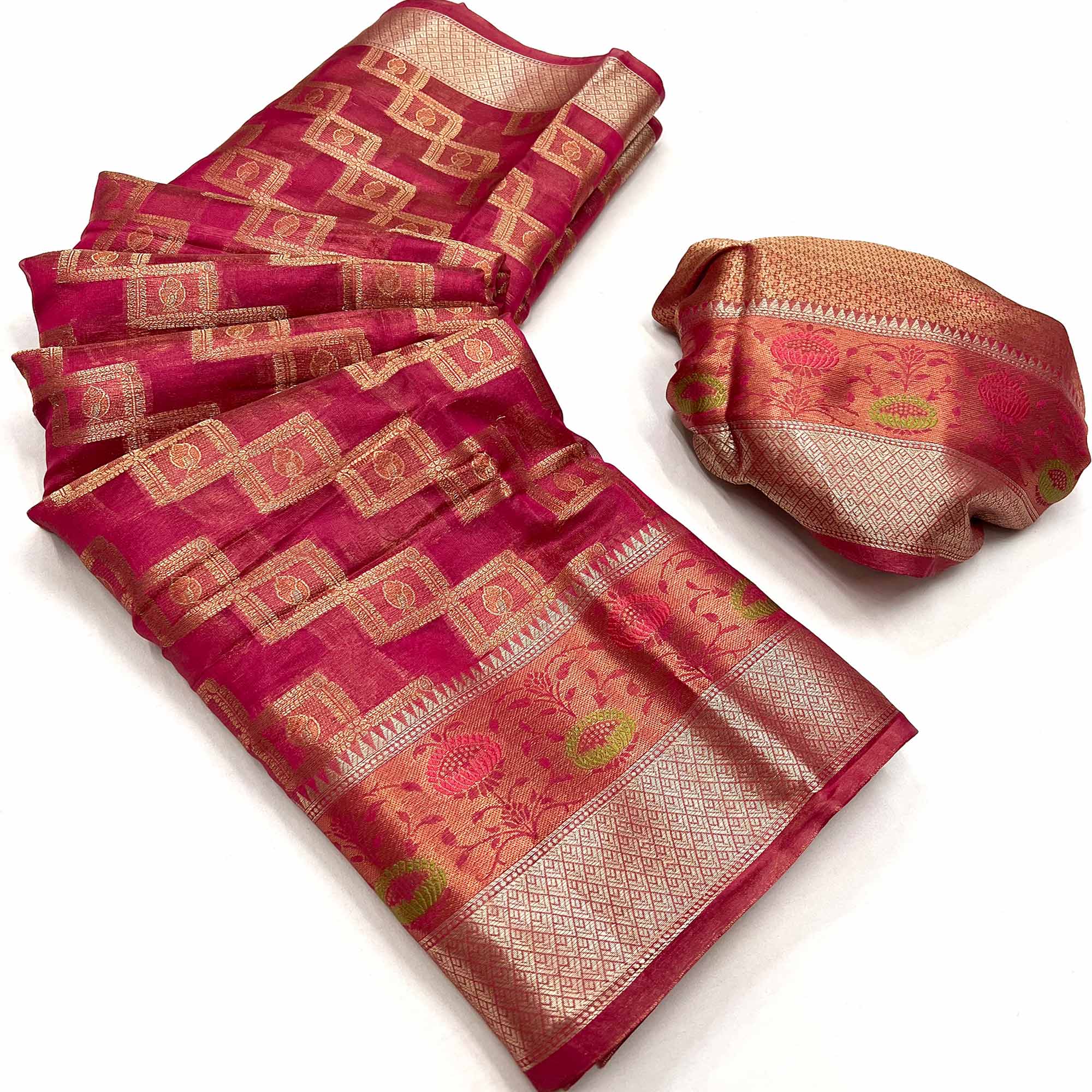 Rani Pink Floral Woven Organza Saree