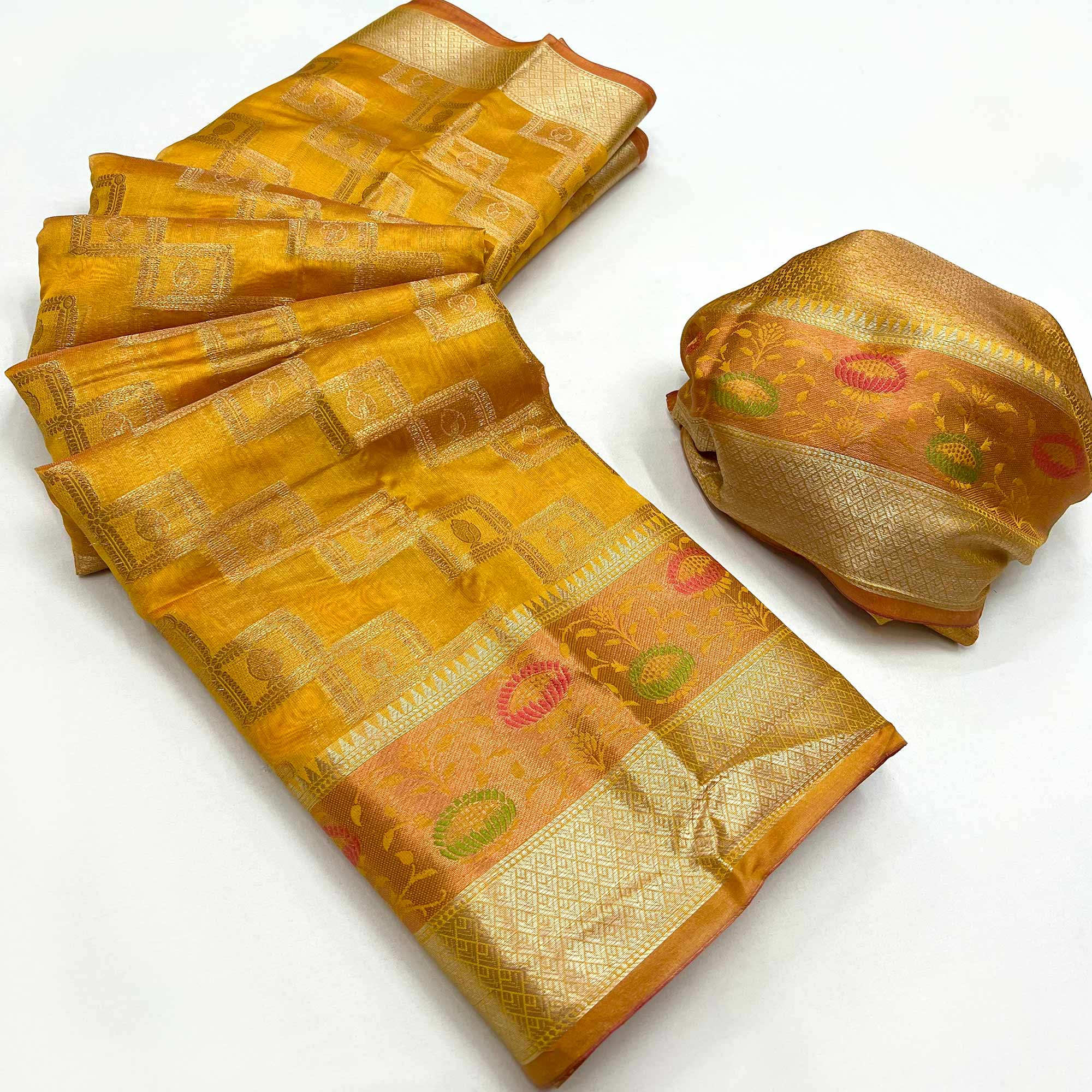 Mustard Floral Woven Organza Saree