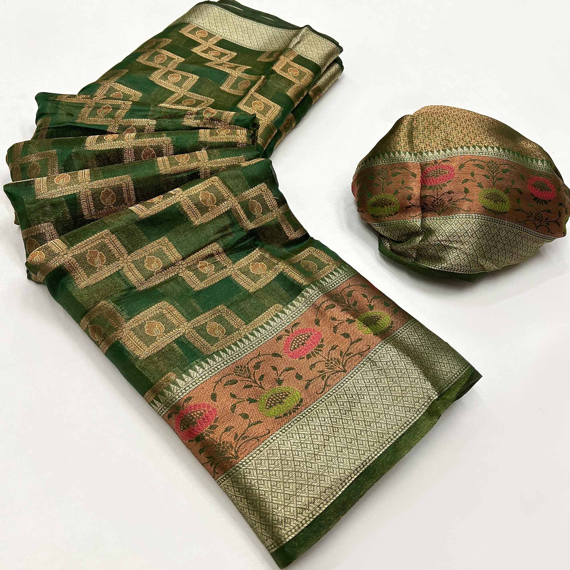 Dark Green Floral Woven Organza Saree