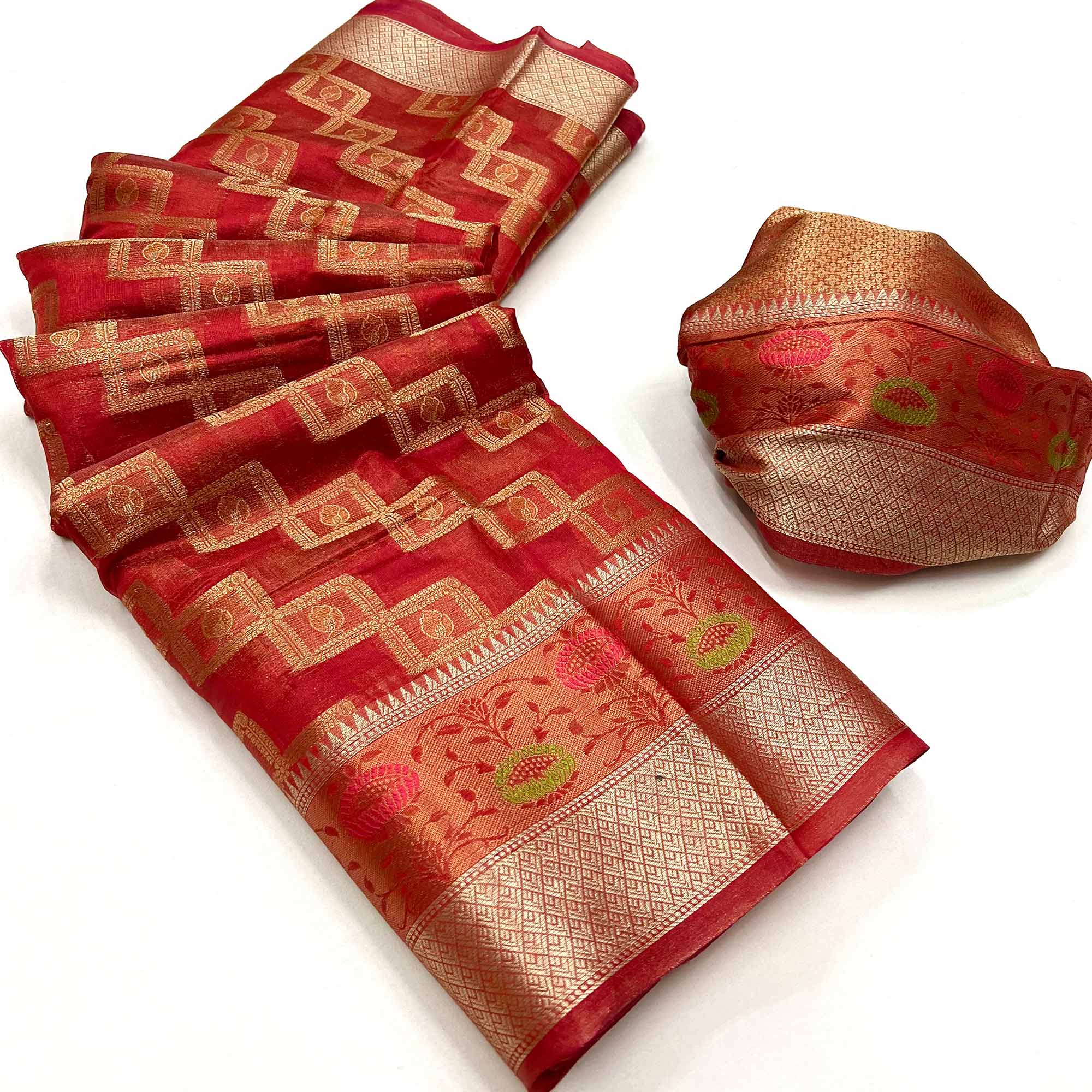 Red Floral Woven Organza Saree