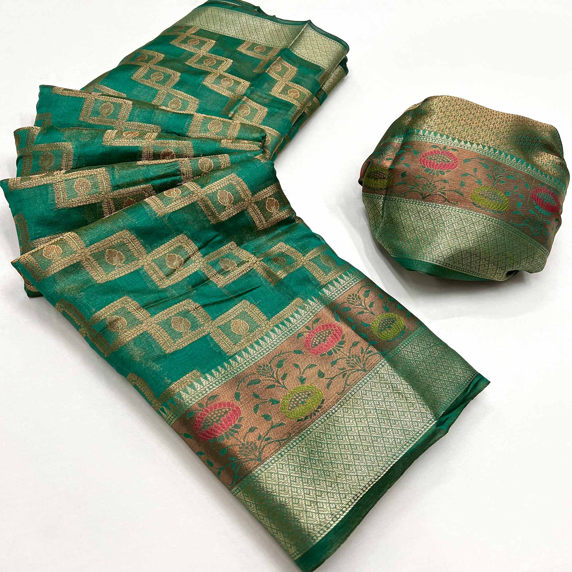 Rama Green Floral Woven Organza Saree