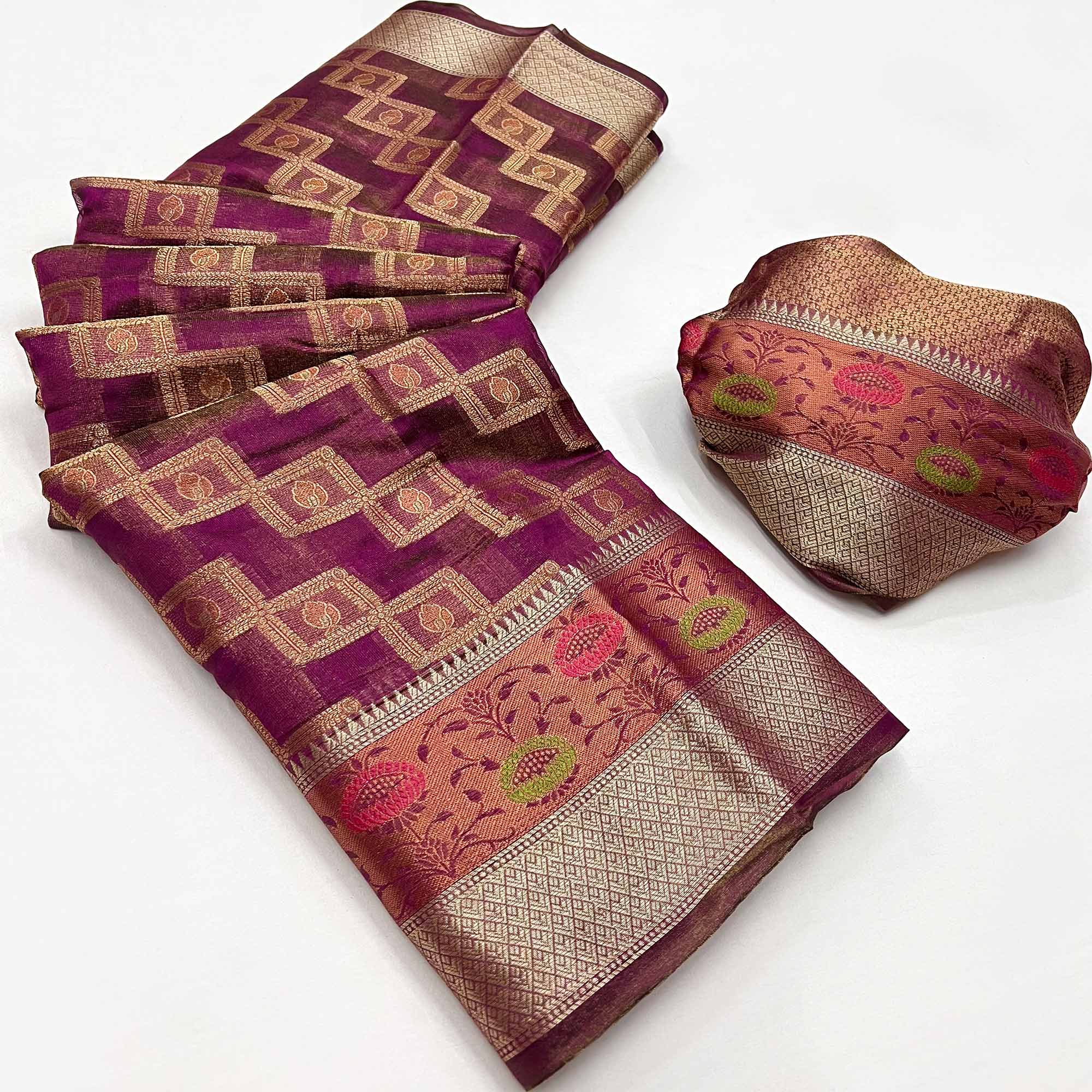 Purple Floral Woven Organza Saree