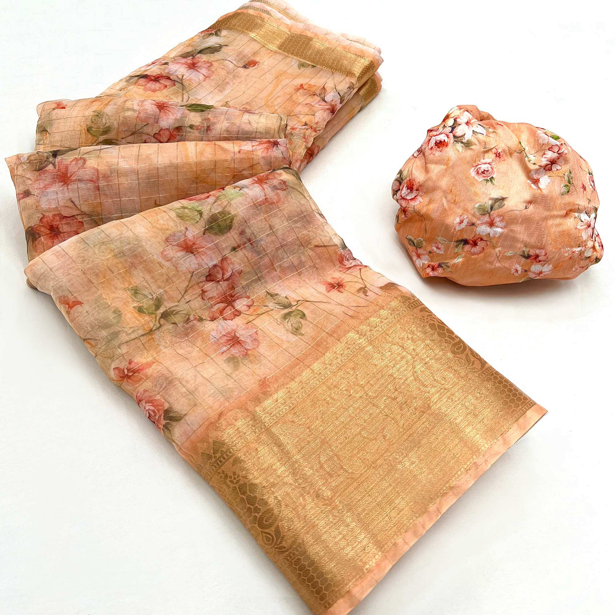 Orange Floral Digital Printed With Woven Border Organza Saree