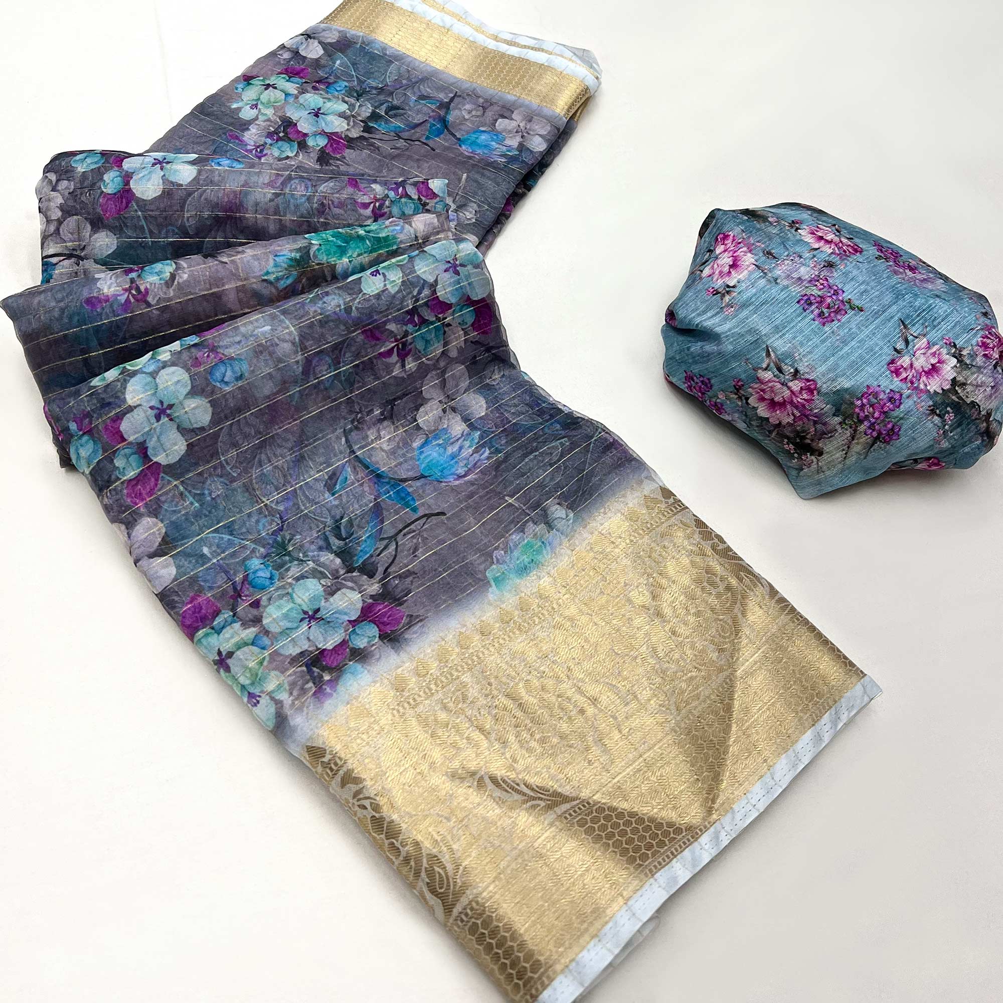 Grey & Blue Floral Digital Printed With Woven Border Organza Saree