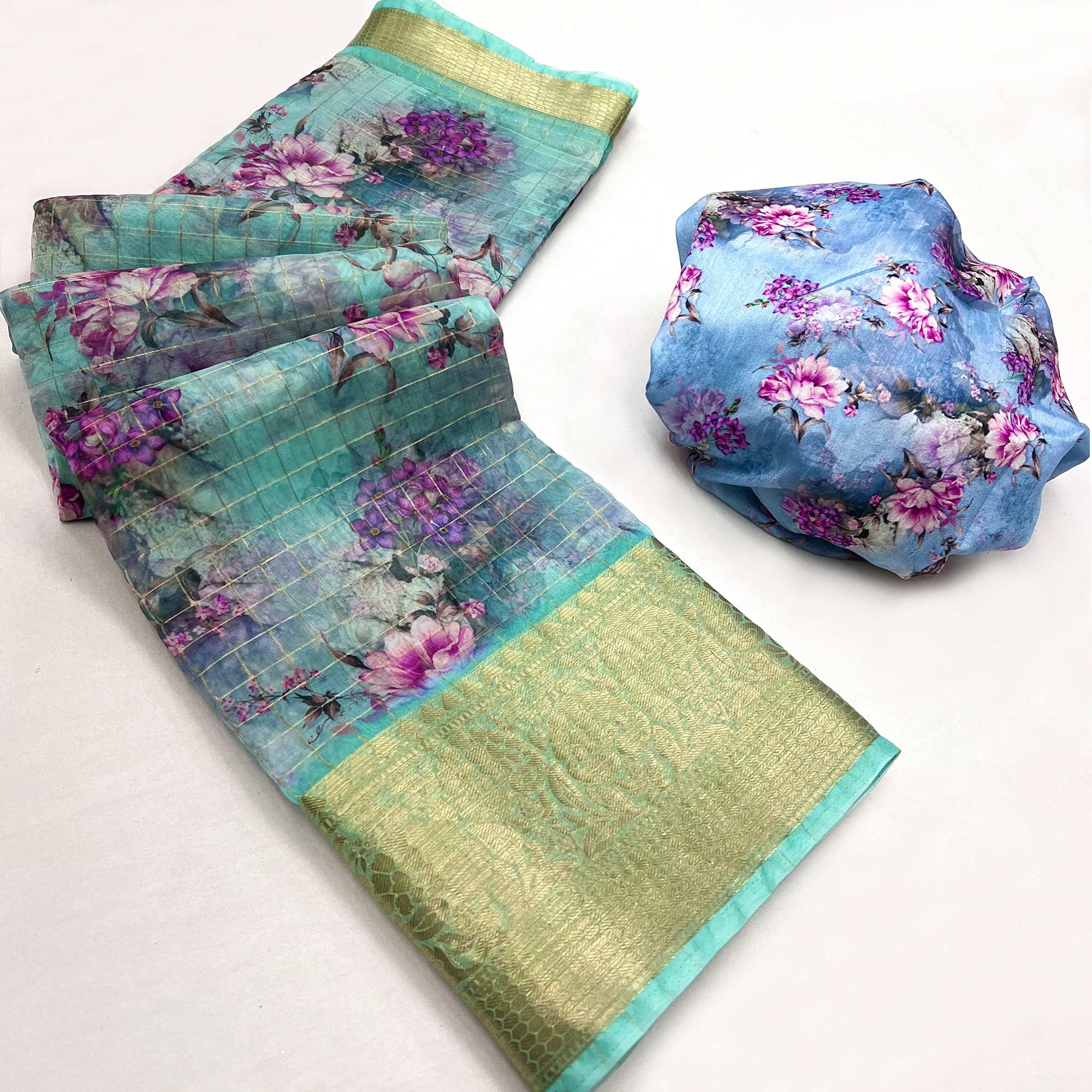 Turquoise Floral Digital Printed With Woven Border Organza Saree