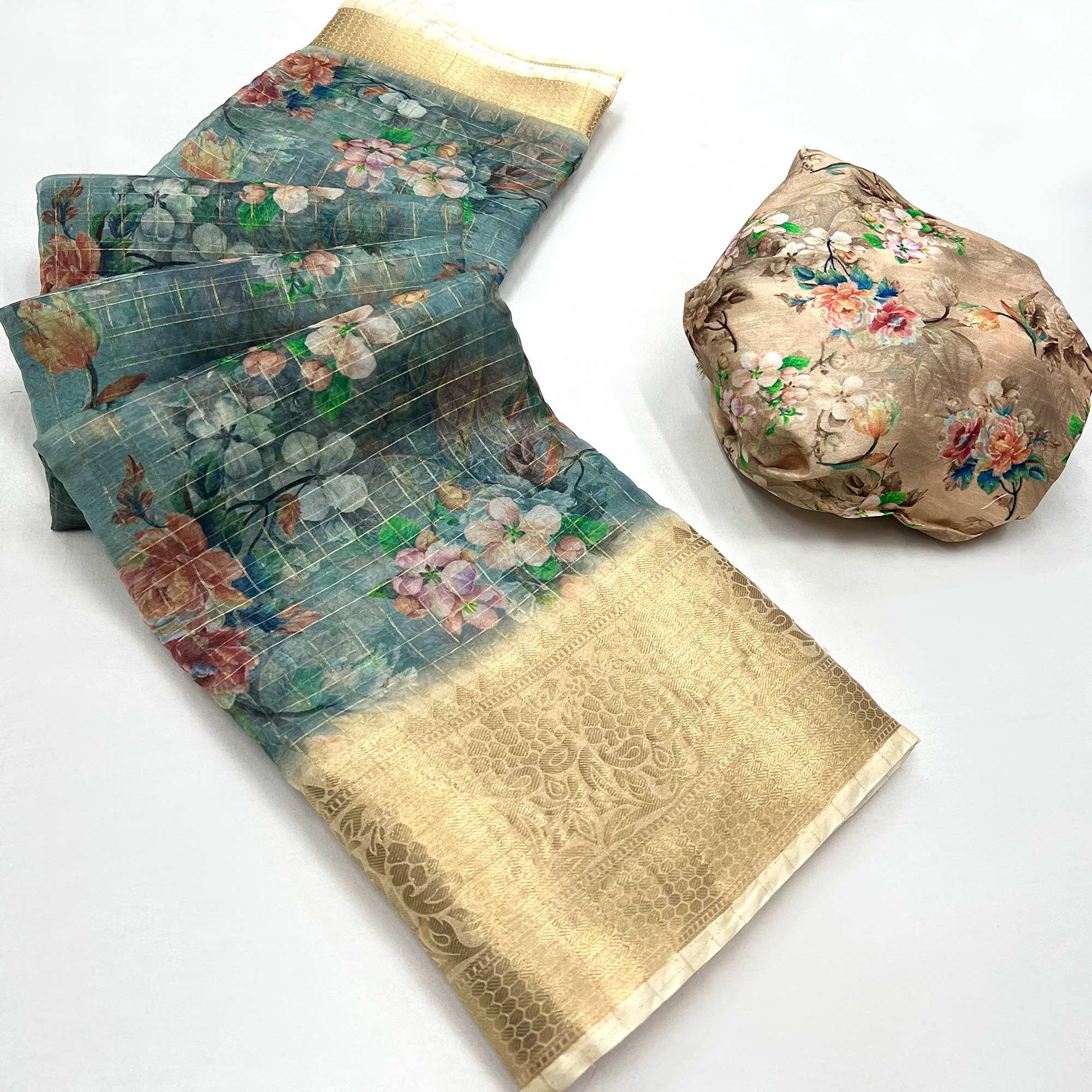 Grey & Beige Floral Digital Printed With Woven Border Organza Saree