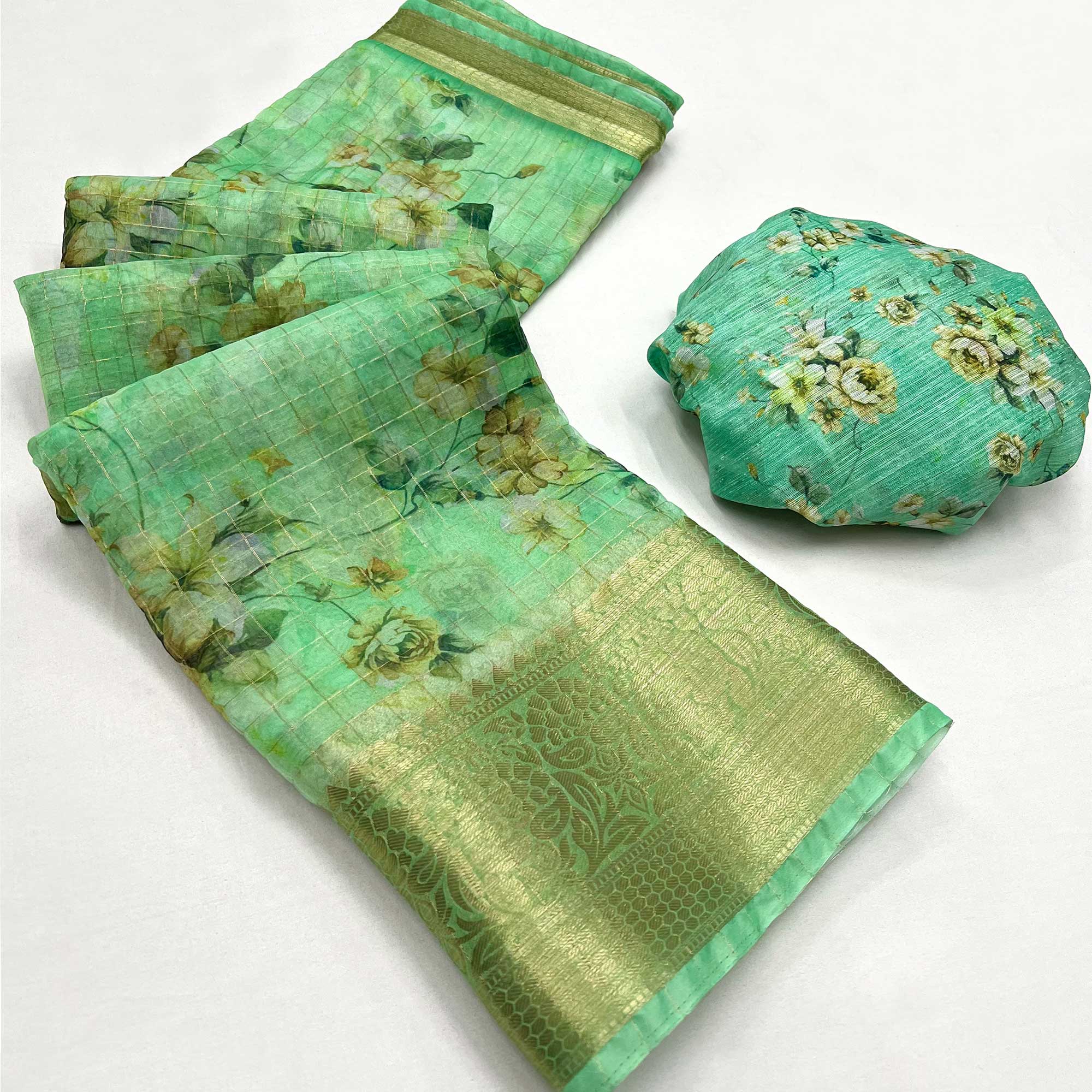 Green Floral Digital Printed With Woven Border Organza Saree