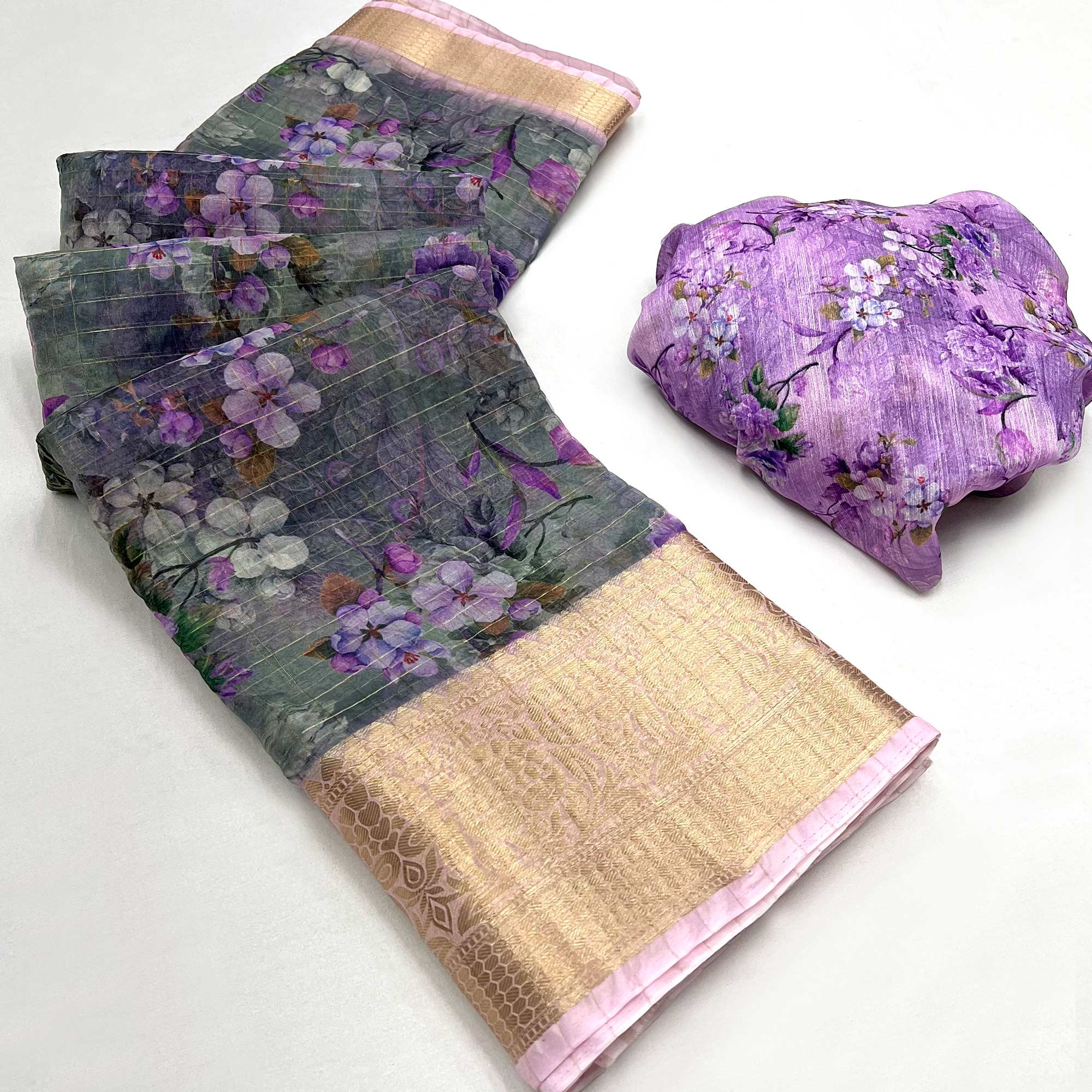 Grey & Purple Floral Digital Printed With Woven Border Organza Saree