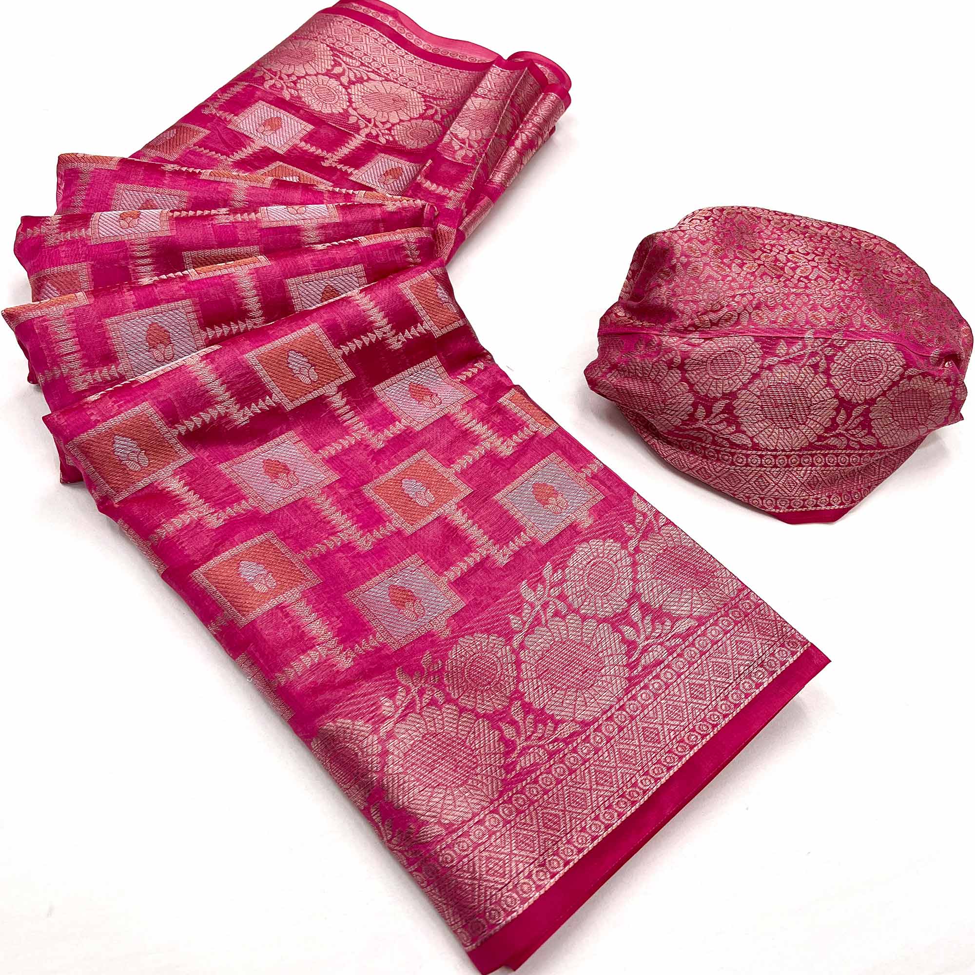 Rani Pink Floral Woven Organza Saree