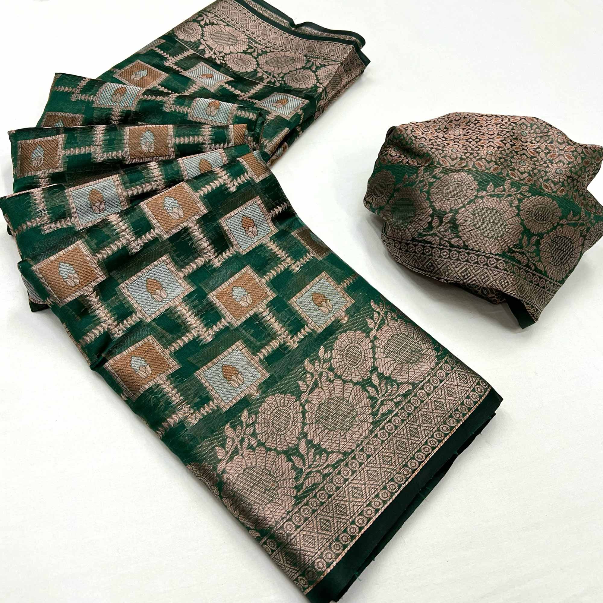 Green Floral Woven Organza Saree