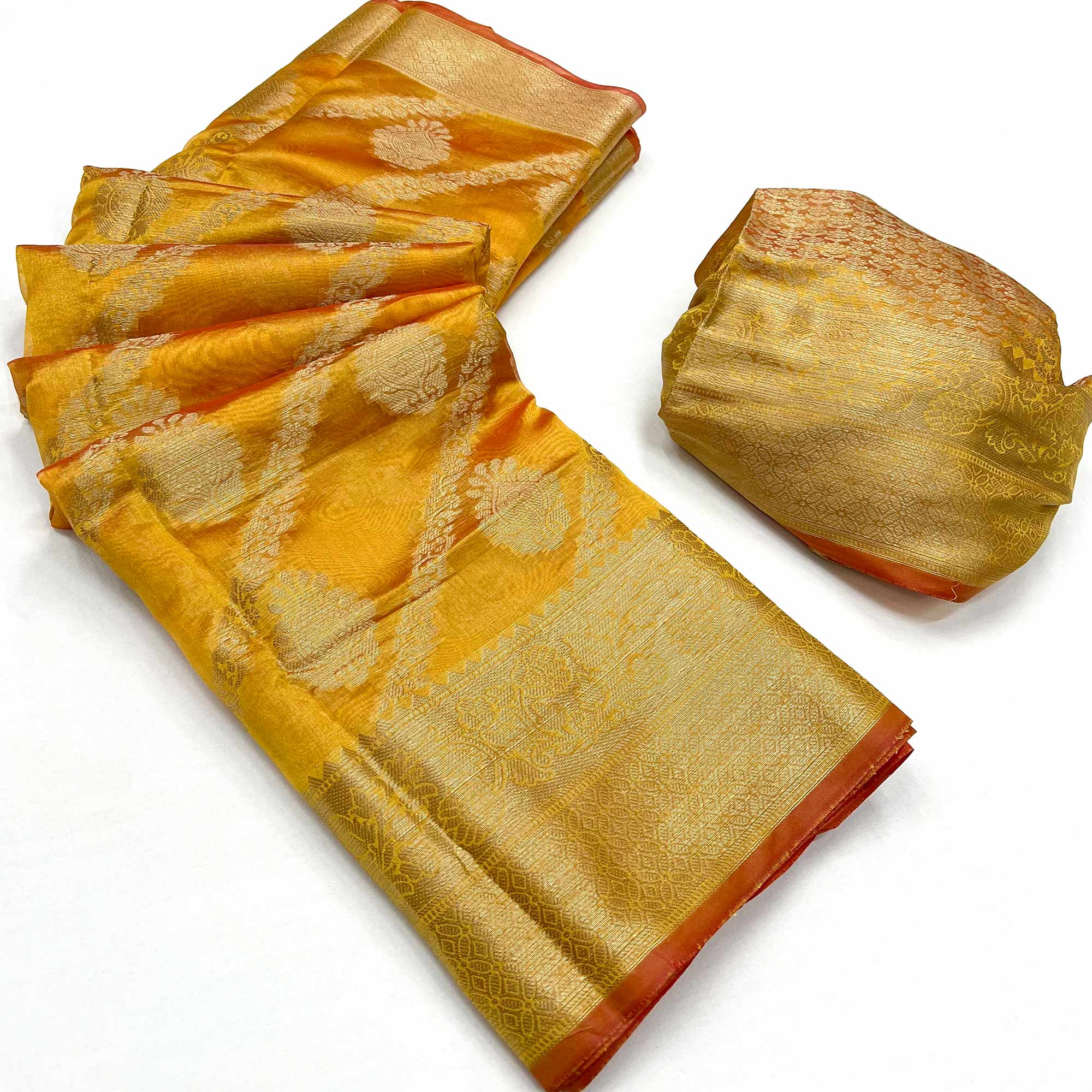 Mustard Floral Woven Organza Saree