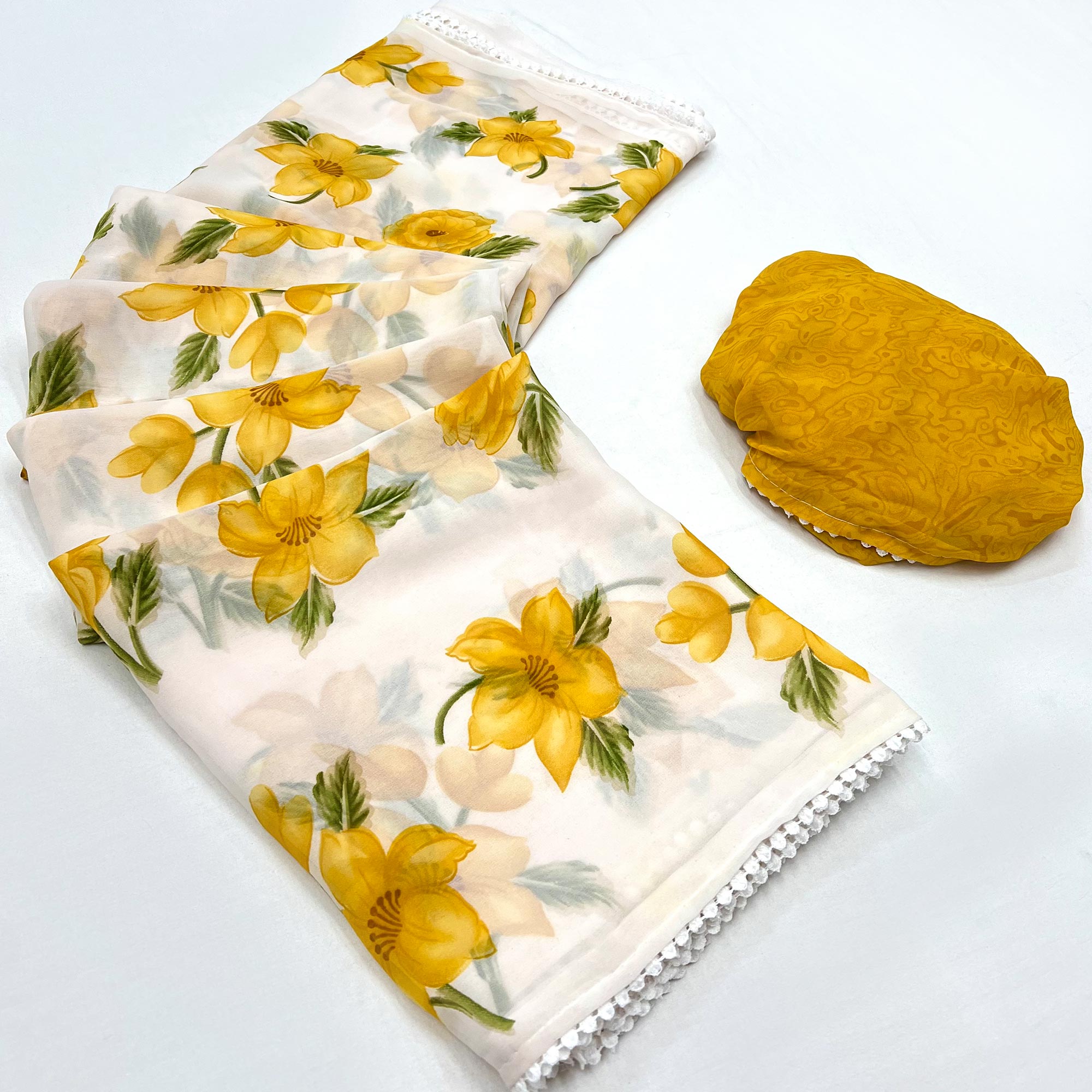 White & Yellow Floral Printed Georgette Saree