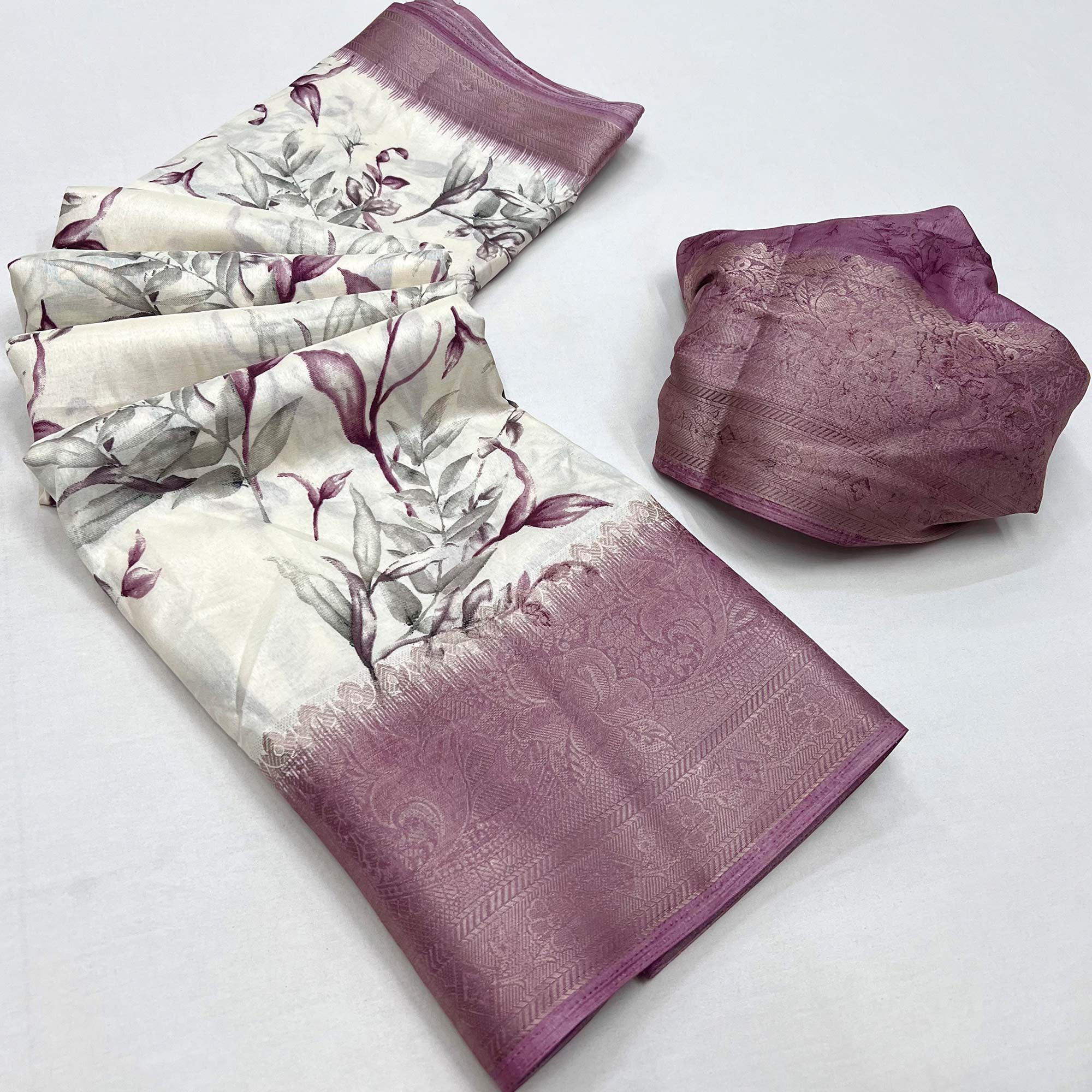 White & Mauve  Floral Printed Dola Silk Saree With Woven Border