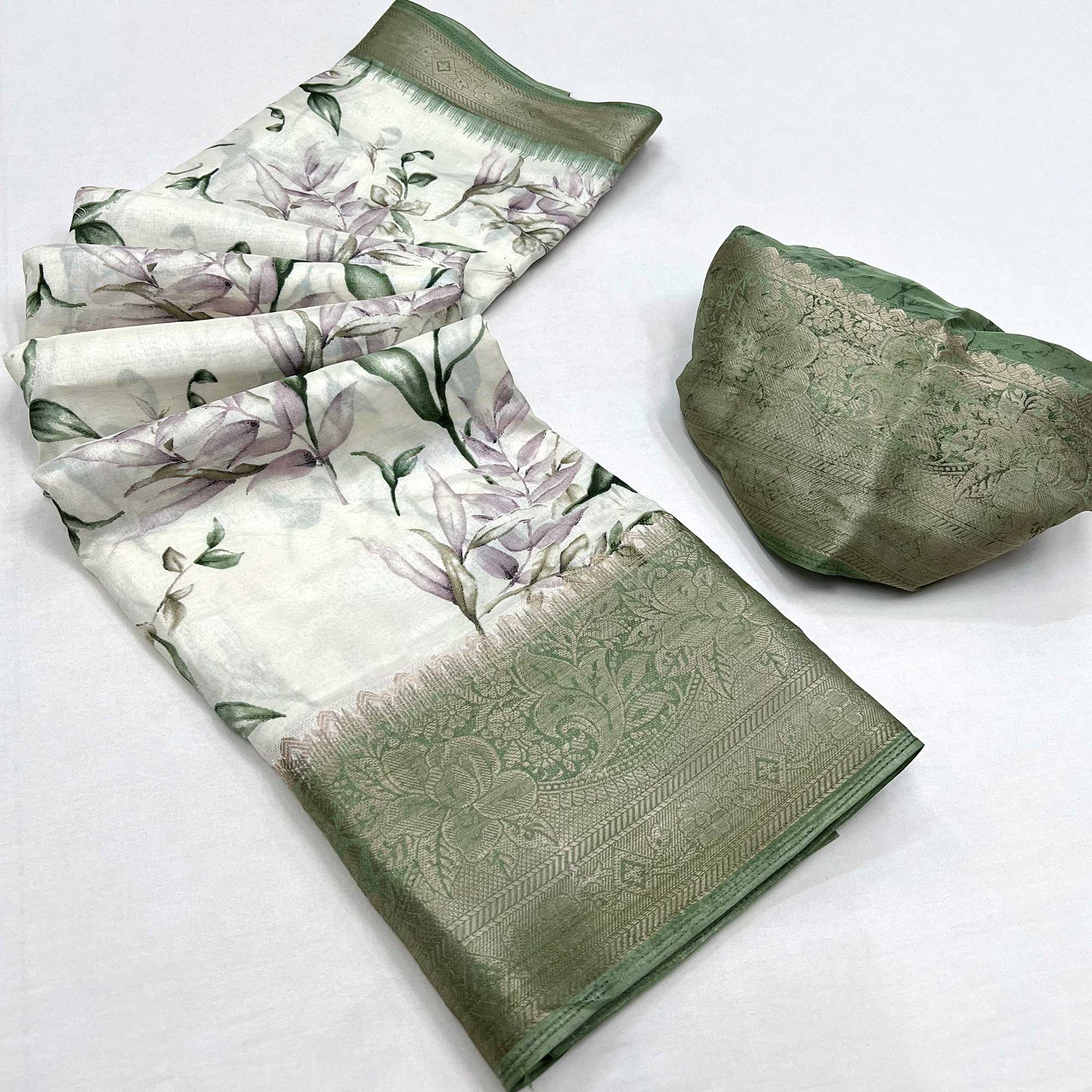 White & Green Floral Printed Dola Silk Saree With Woven Border