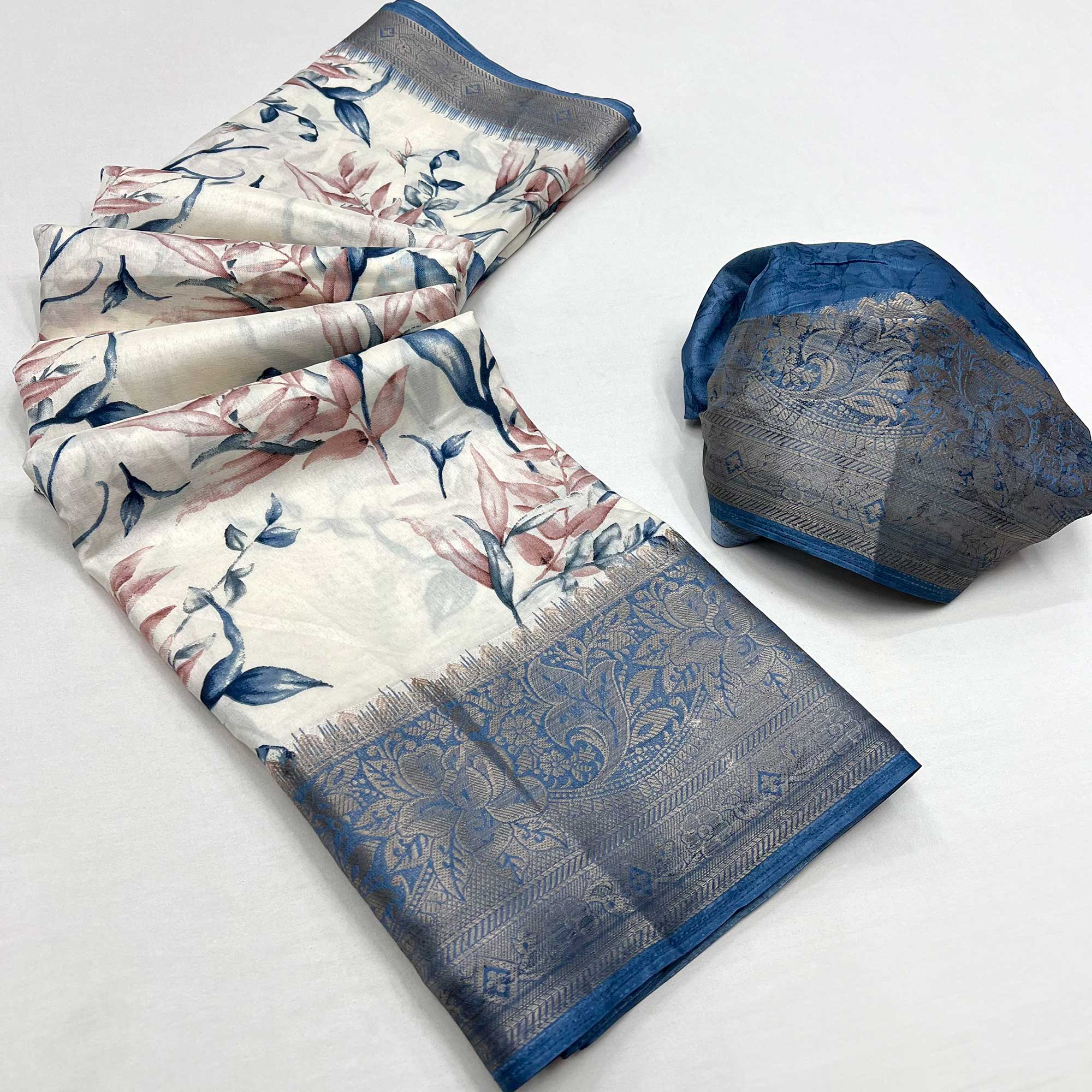 White & Blue Floral Printed Dola Silk Saree With Woven Border