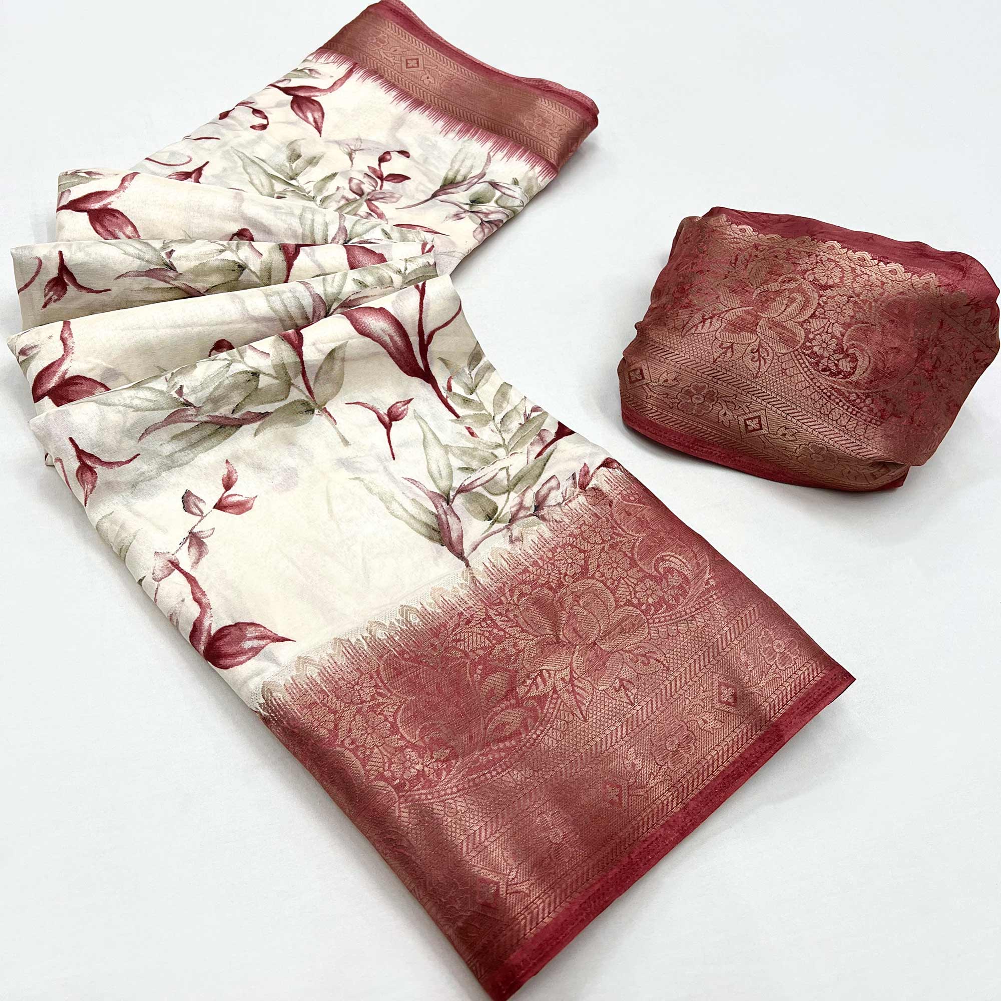 White & Rust Floral Printed Dola Silk Saree With Woven Border
