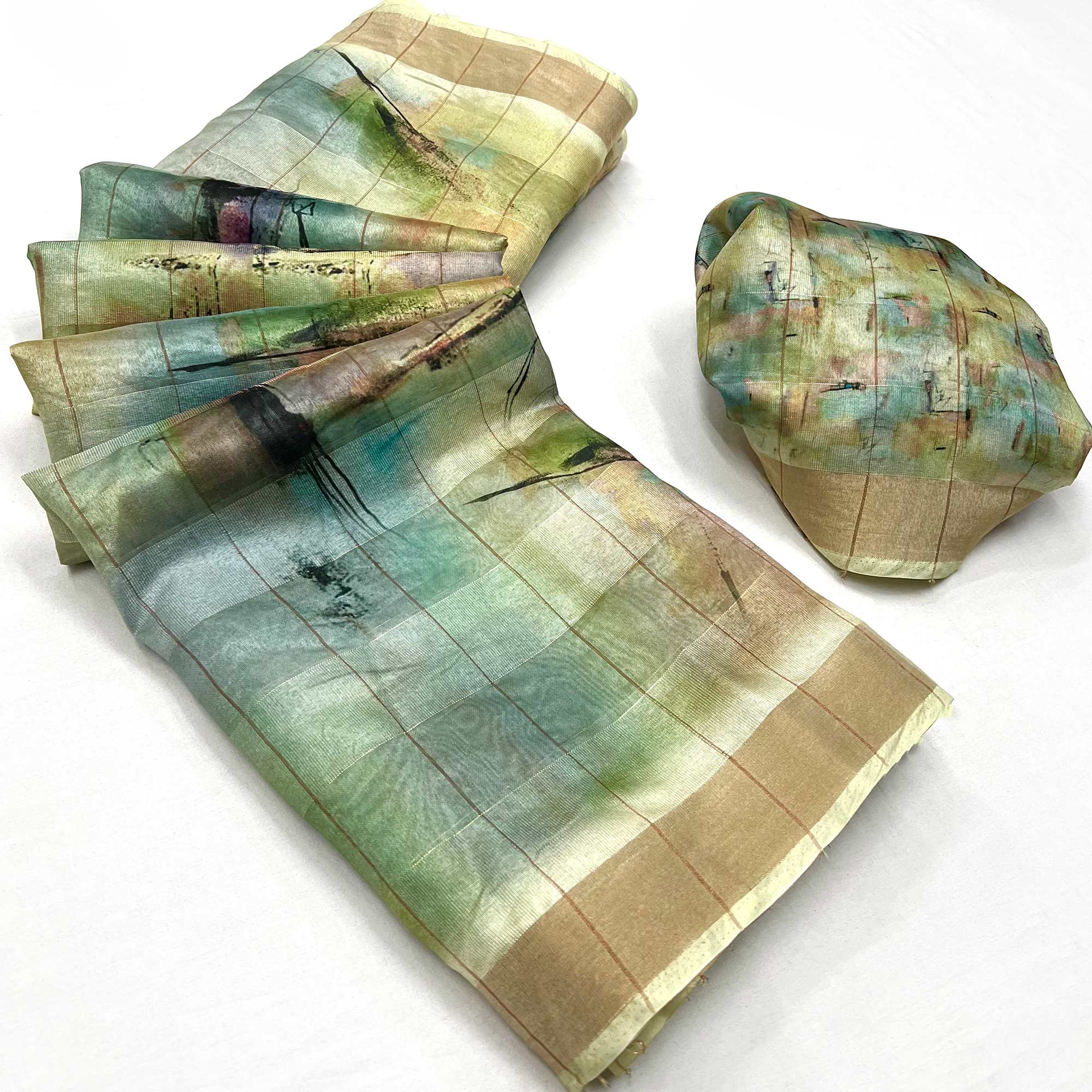 Green Digital Printed Cotton Blend Saree With Jacquard Border